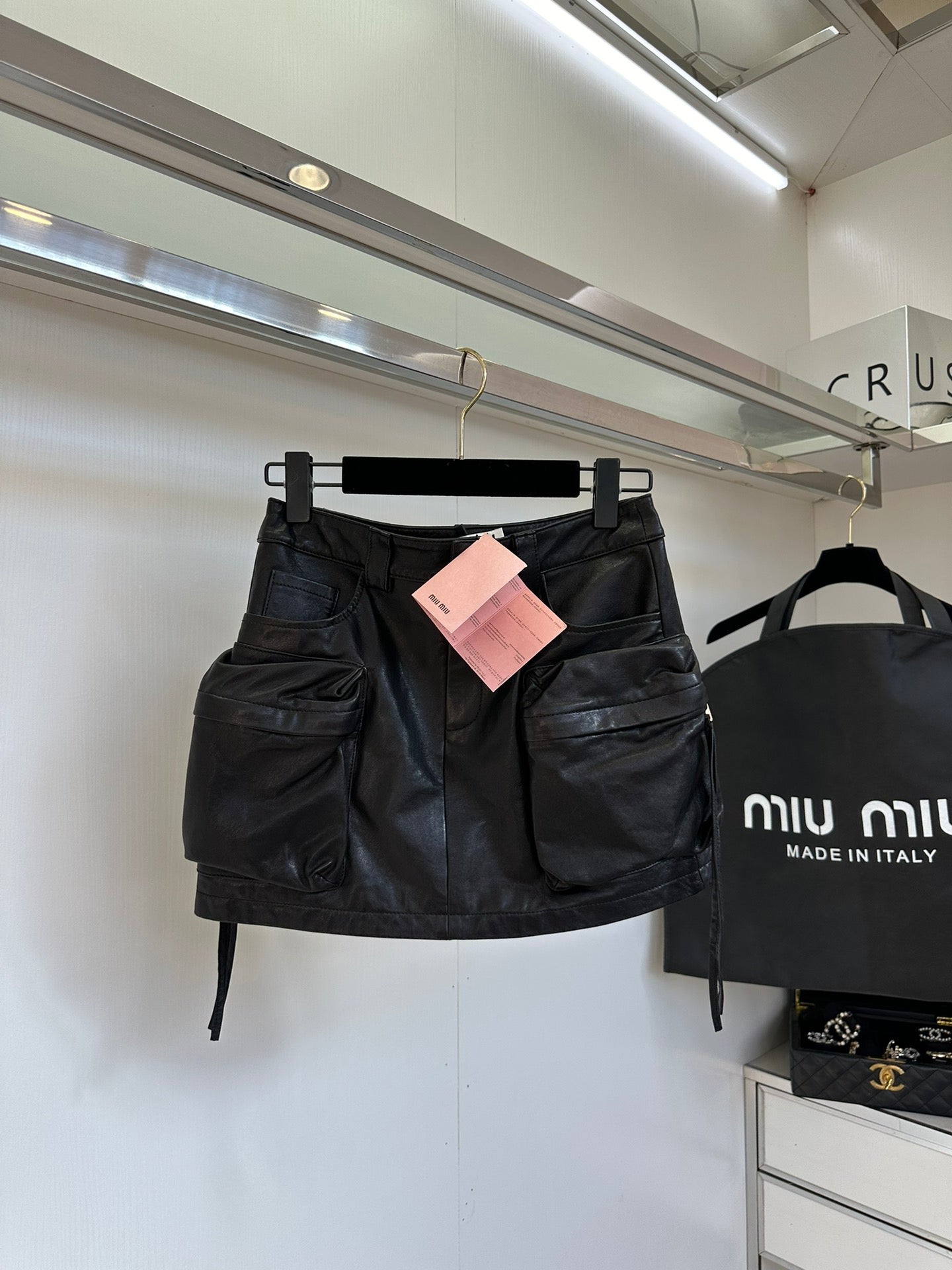 Multi-Pocket Leather Skirt