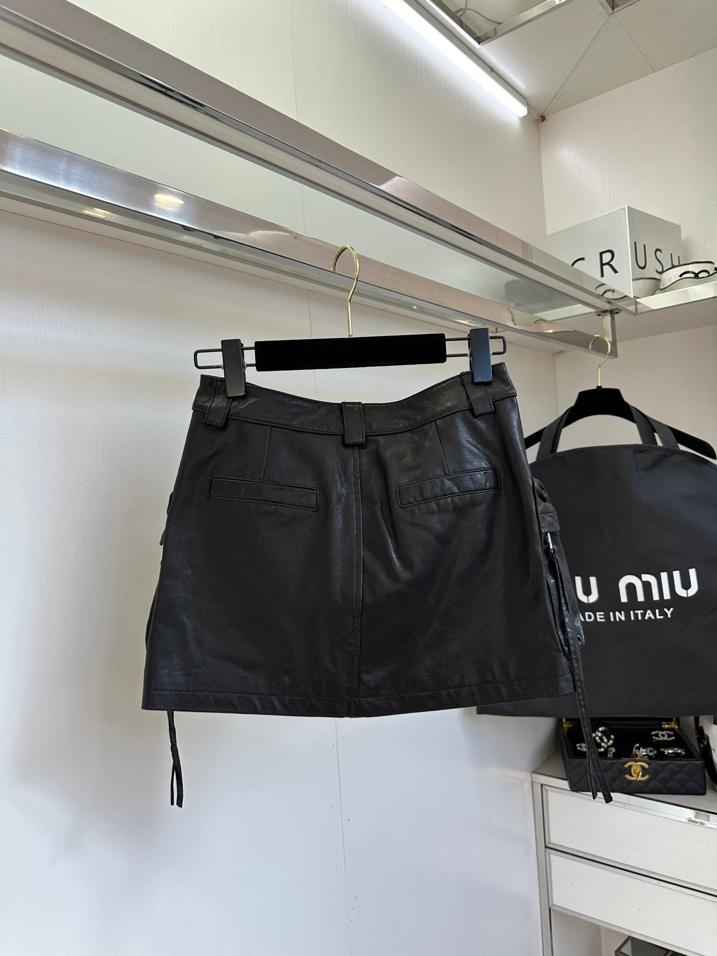 Multi-Pocket Leather Skirt