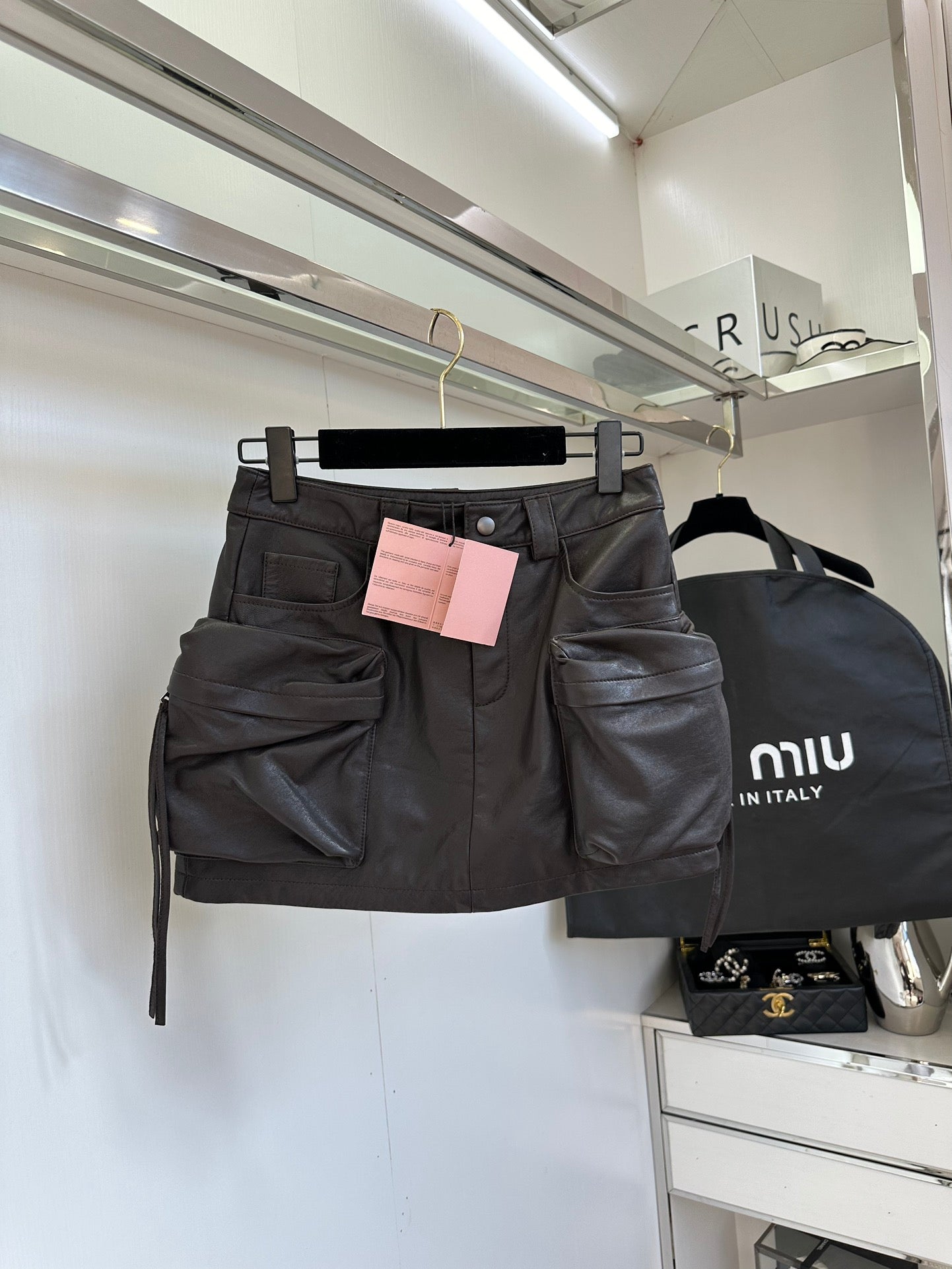 Multi-Pocket Leather Skirt