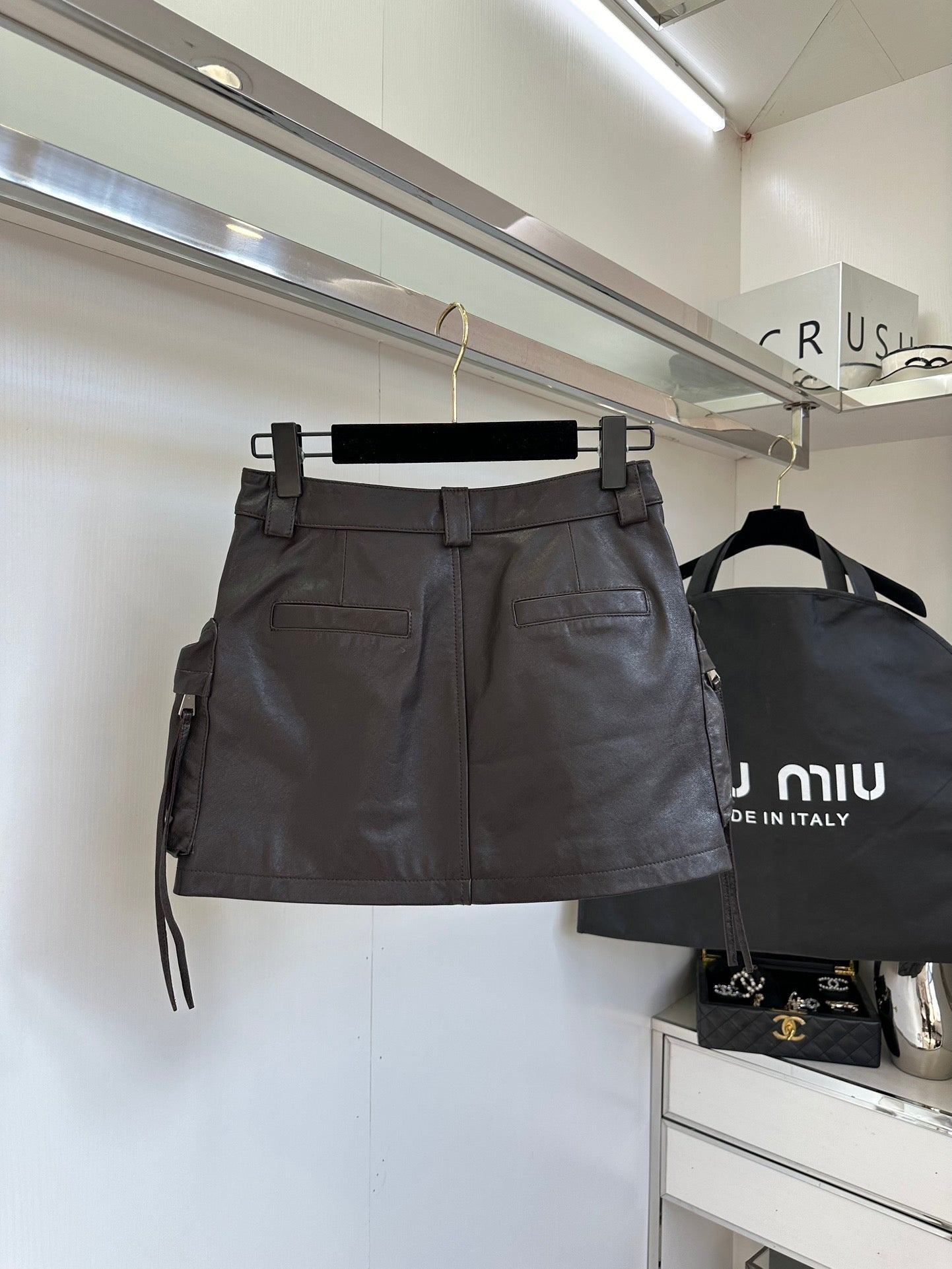 Multi-Pocket Leather Skirt