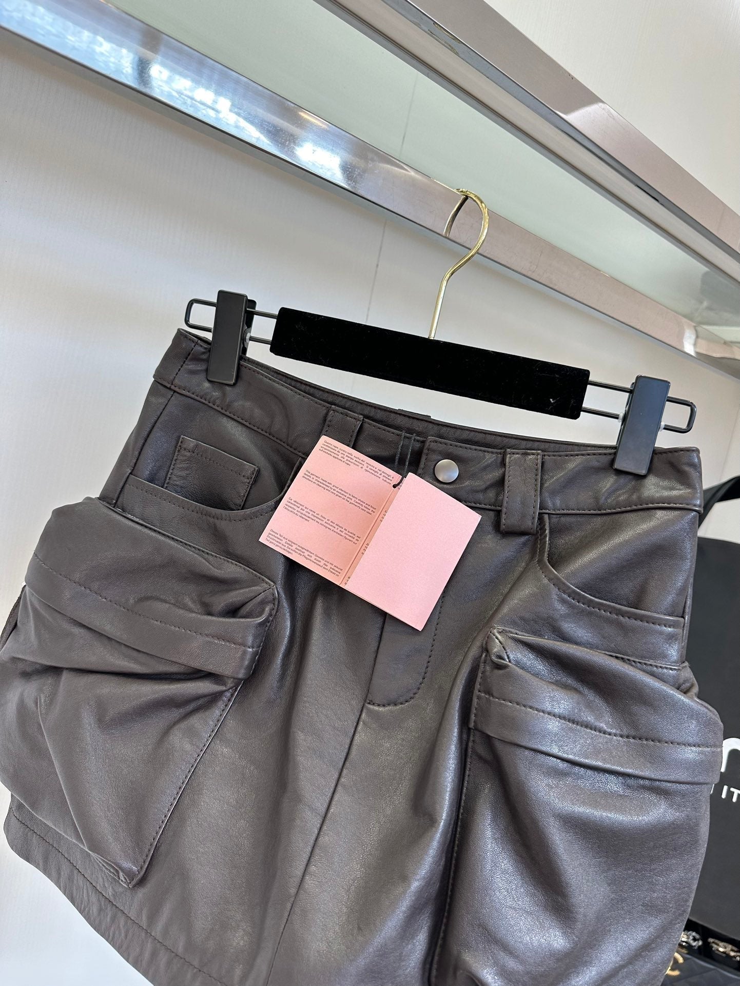 Multi-Pocket Leather Skirt