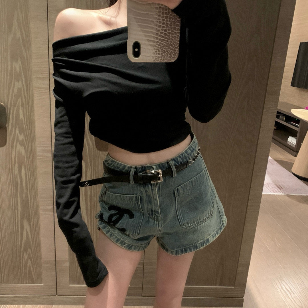 25 Summer New Double C Embroidery Pocket Denim Shorts