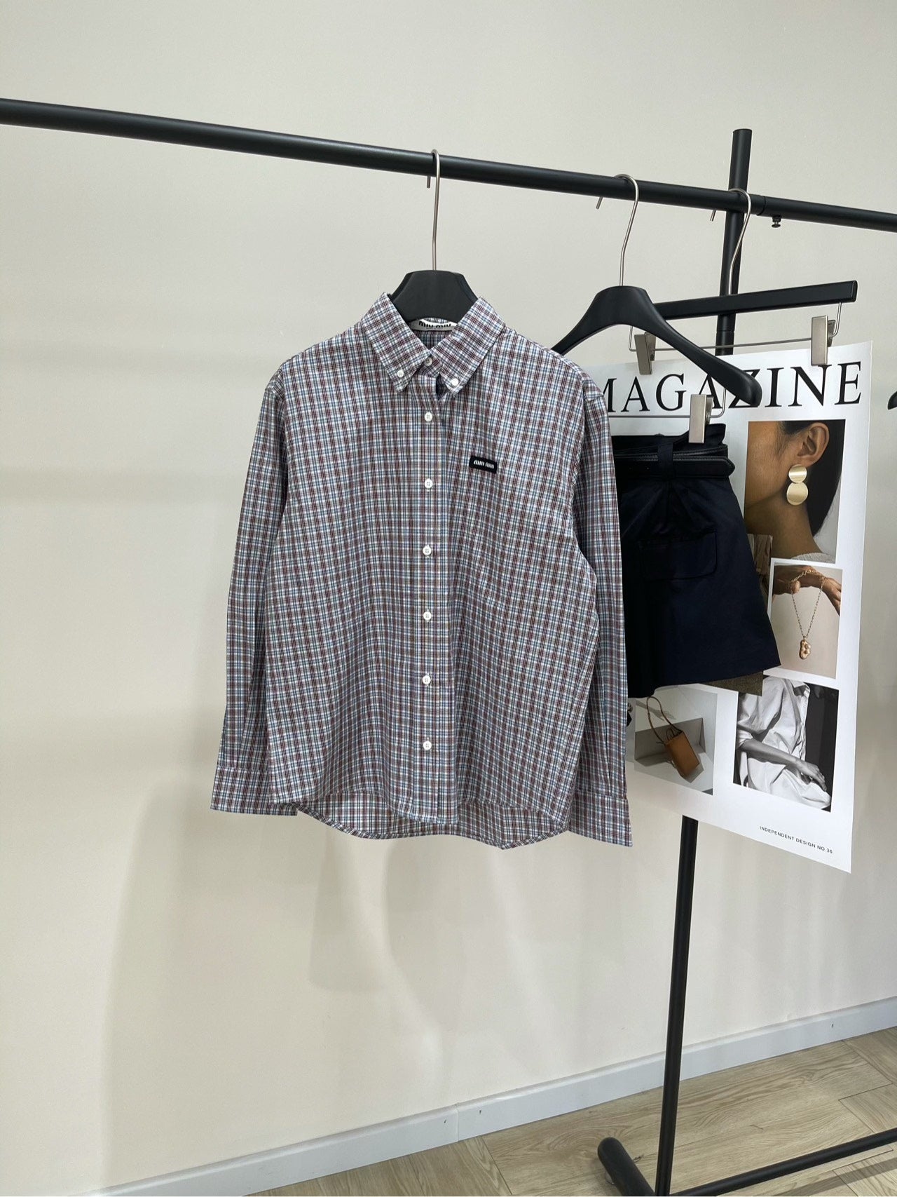 25 Retro dark red fine check long-sleeved shirt
