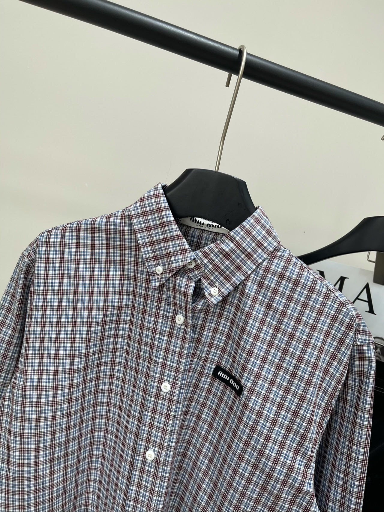 25 Retro dark red fine check long-sleeved shirt