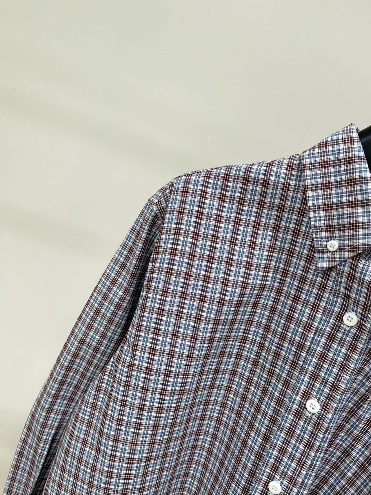 25 Retro dark red fine check long-sleeved shirt