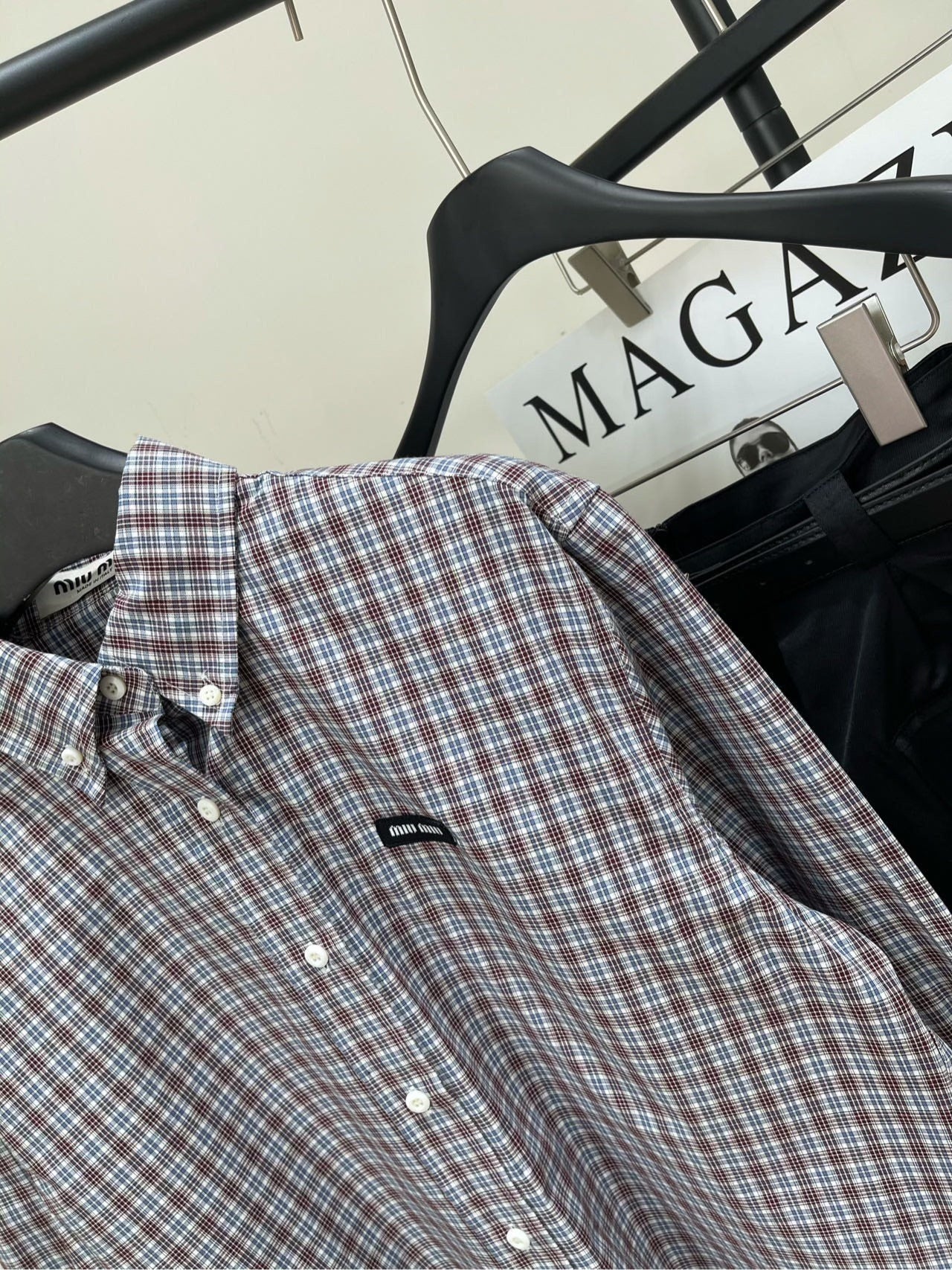25 Retro dark red fine check long-sleeved shirt