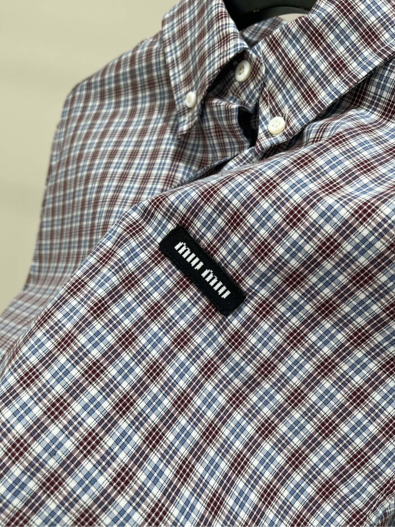 25 Retro dark red fine check long-sleeved shirt