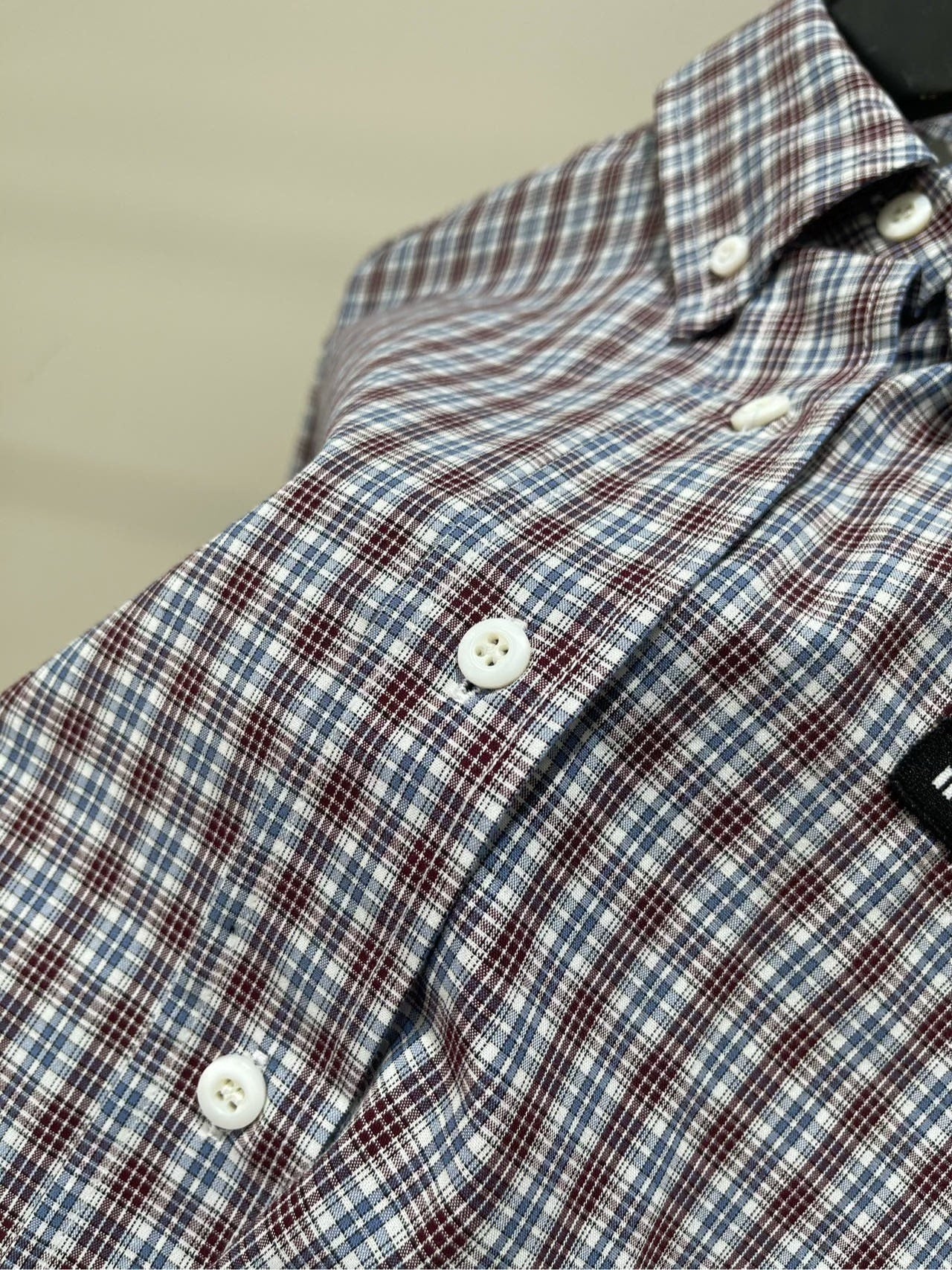 25 Retro dark red fine check long-sleeved shirt