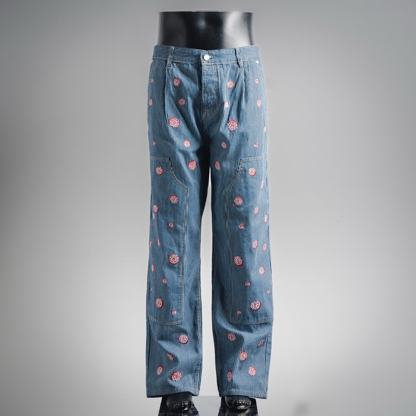 25 Collaborative Cherry Blossom Embroidered Vertical Striped Denim Pants