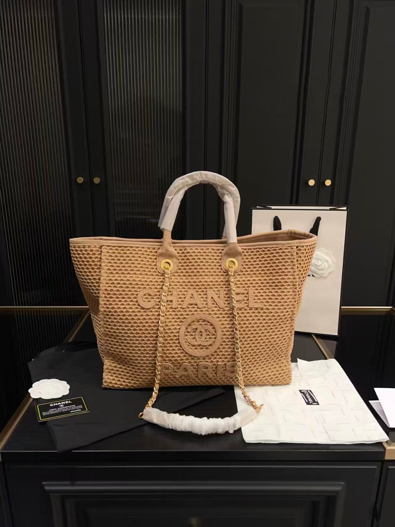 25 Deauville Tote Bag 34cm Beige Crochet Suede