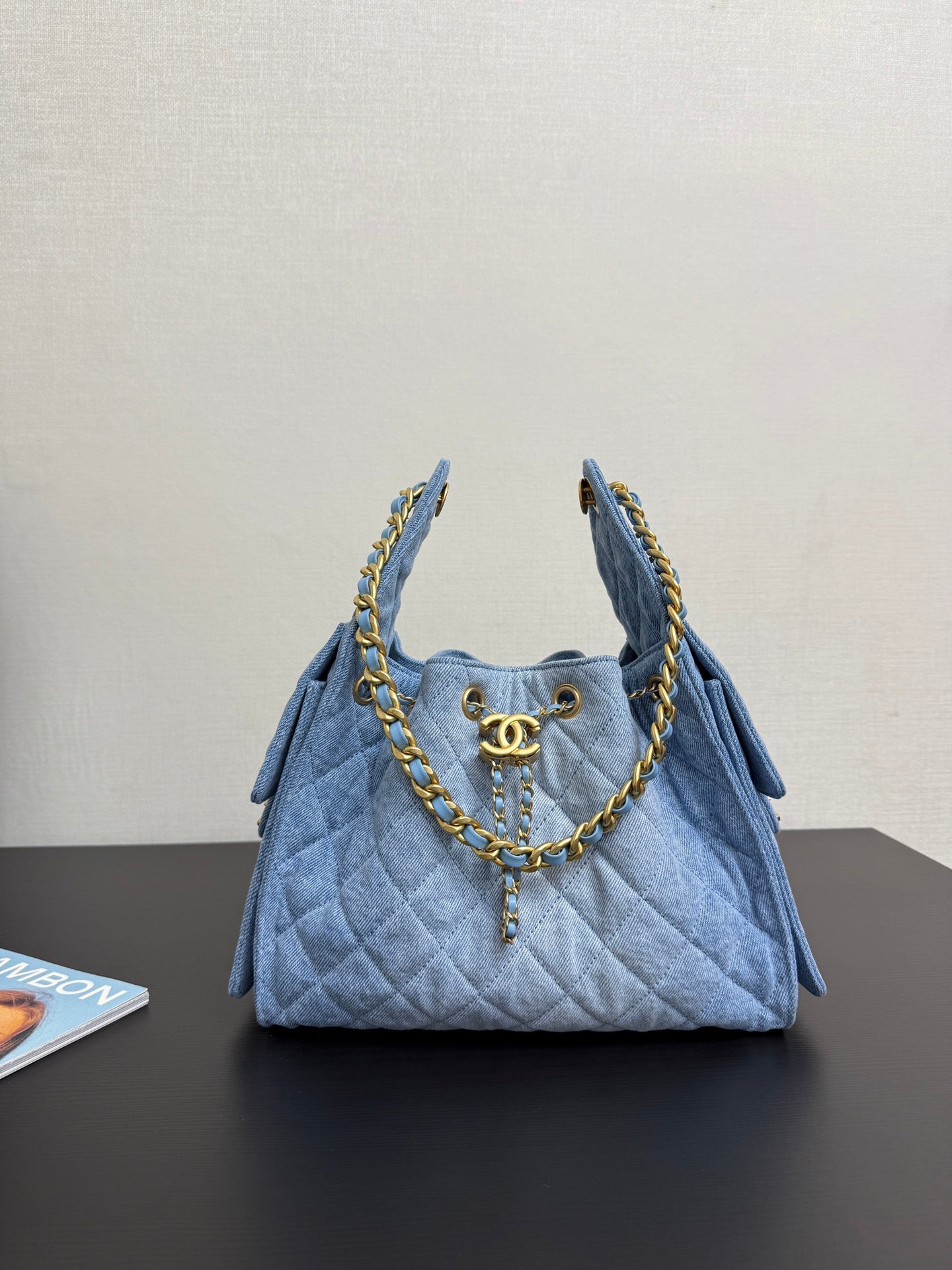 Denim Light Blue Bucket Drawstring Bag
