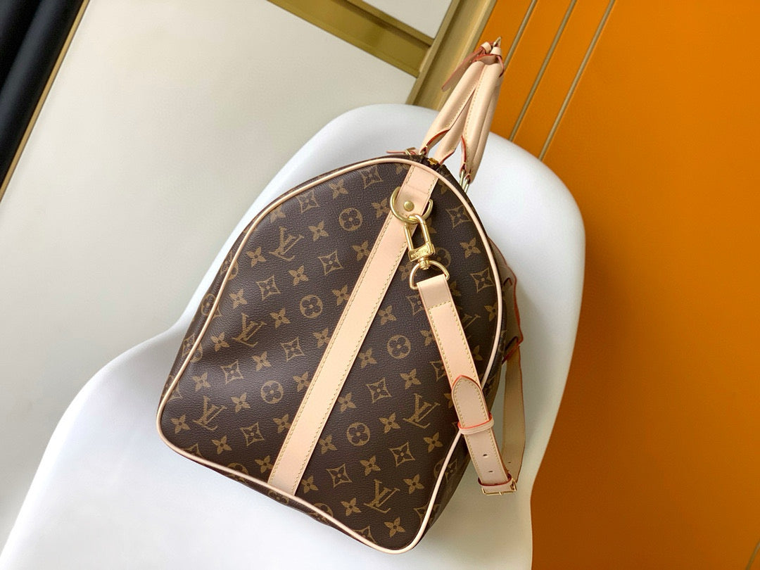 Keepall Bandouliere 55 Monogram Canvas Brown Gold Hardware