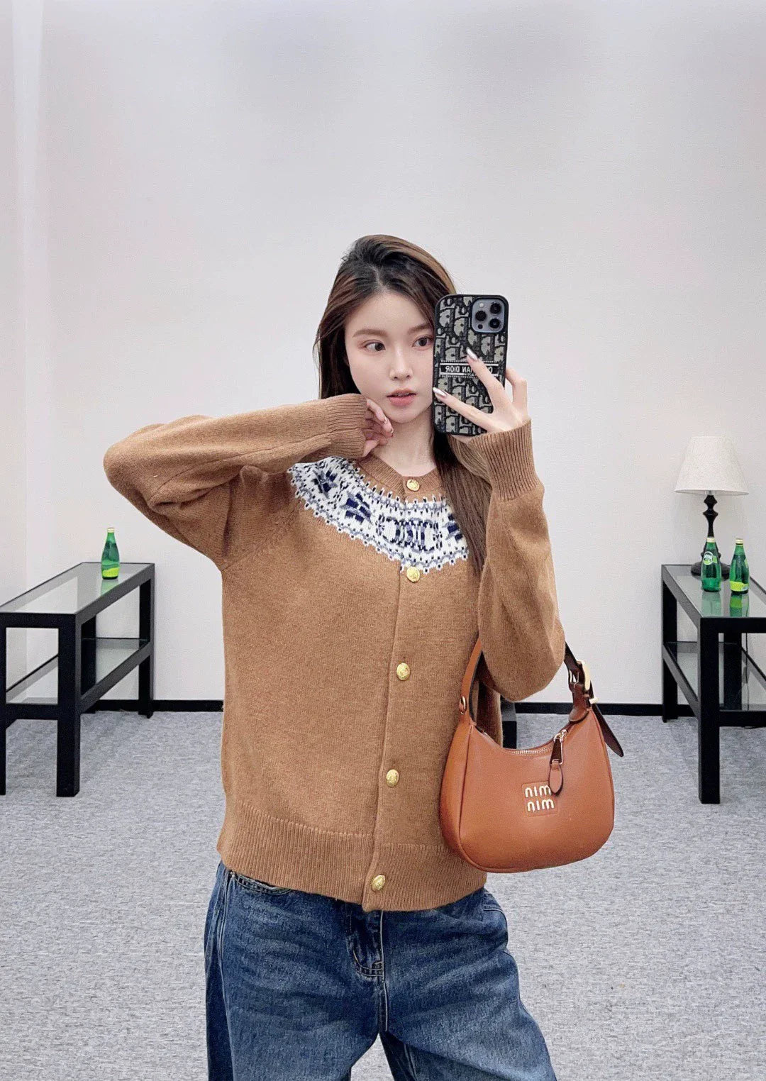25fw Crochet crew neck cardigan sweater
