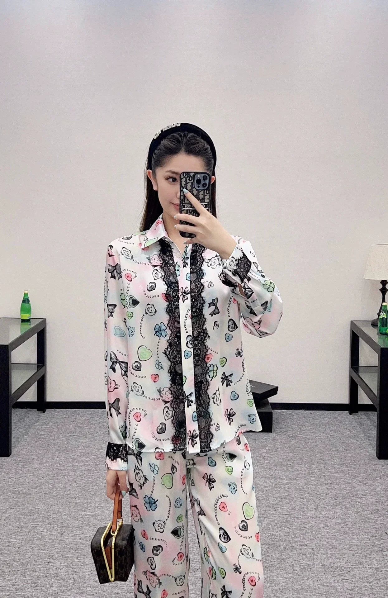 C 25 Reactive Print Lace Shirt and Pant Set