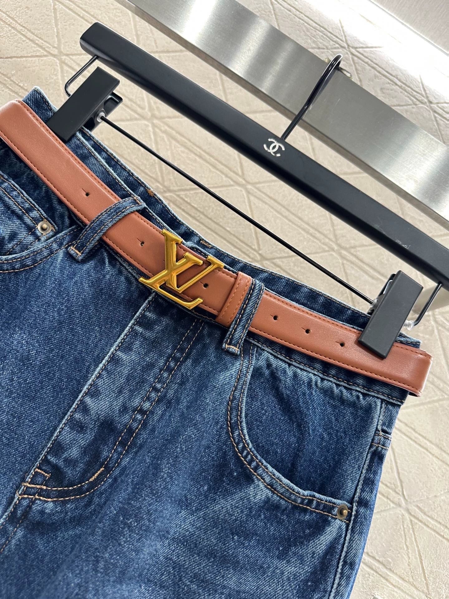 25fw Belt straight leg logo denim pants