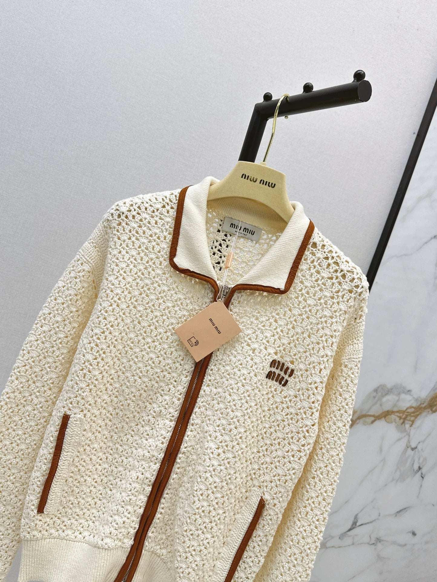 Lapel Openwork Zip-Up Knit Jacket