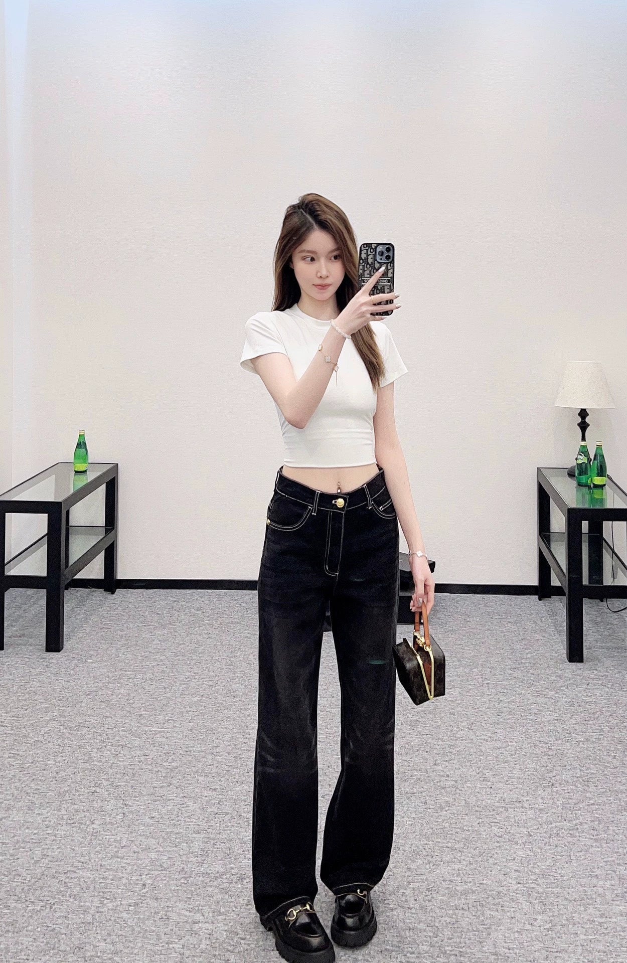 2025 High waisted white pleated denim pants