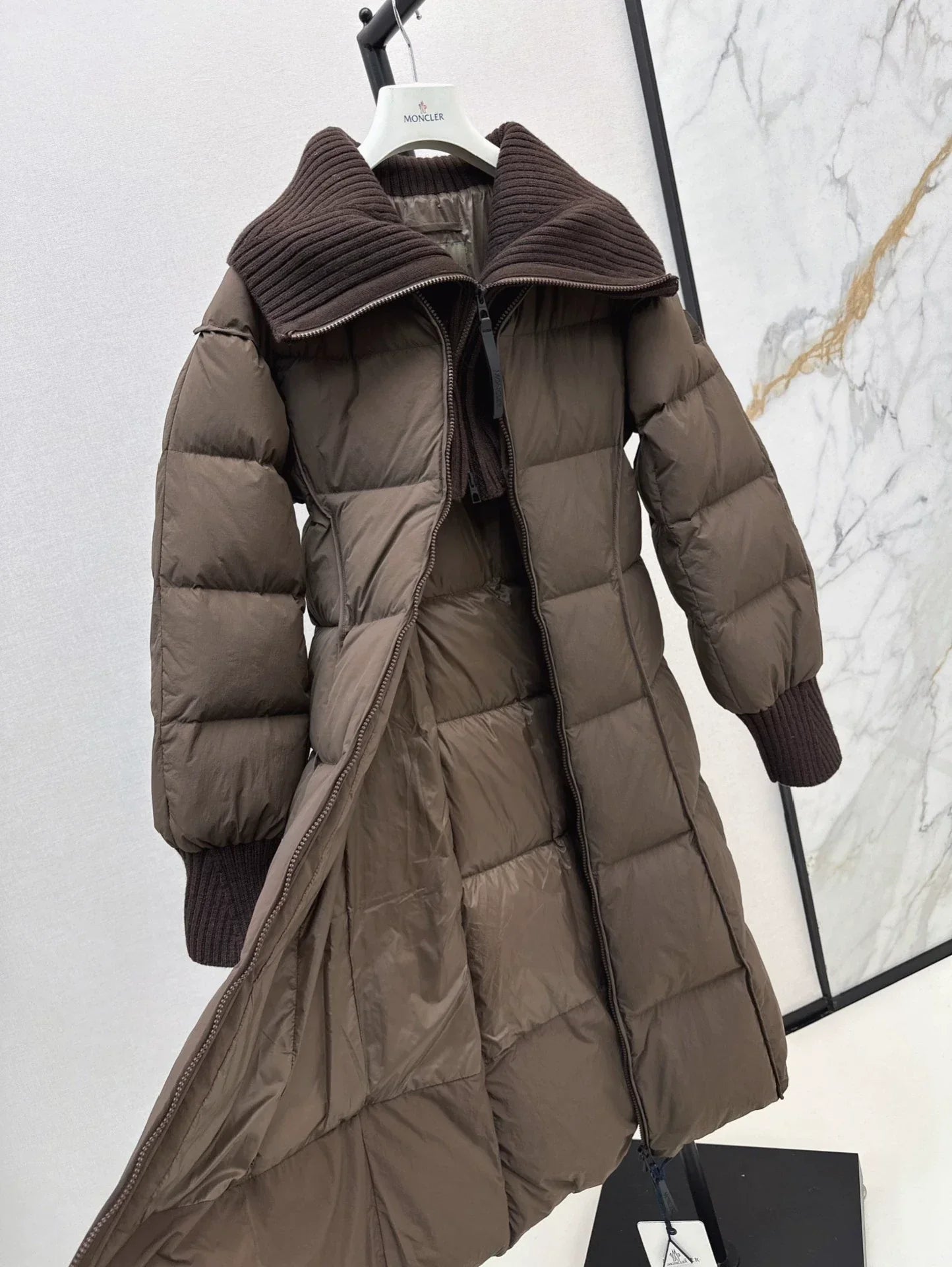 25 Knitted splicing large lapel umbrella shaped long down jacket