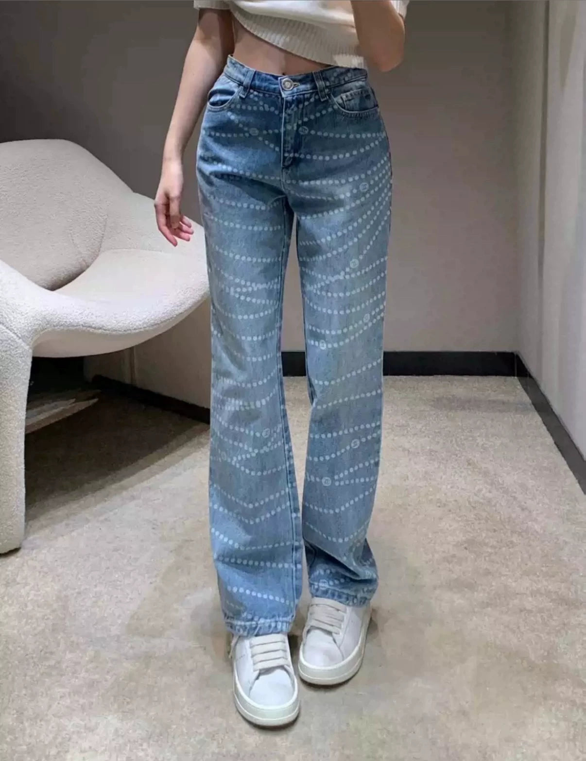 25fw Polka dot printed high waisted jeans