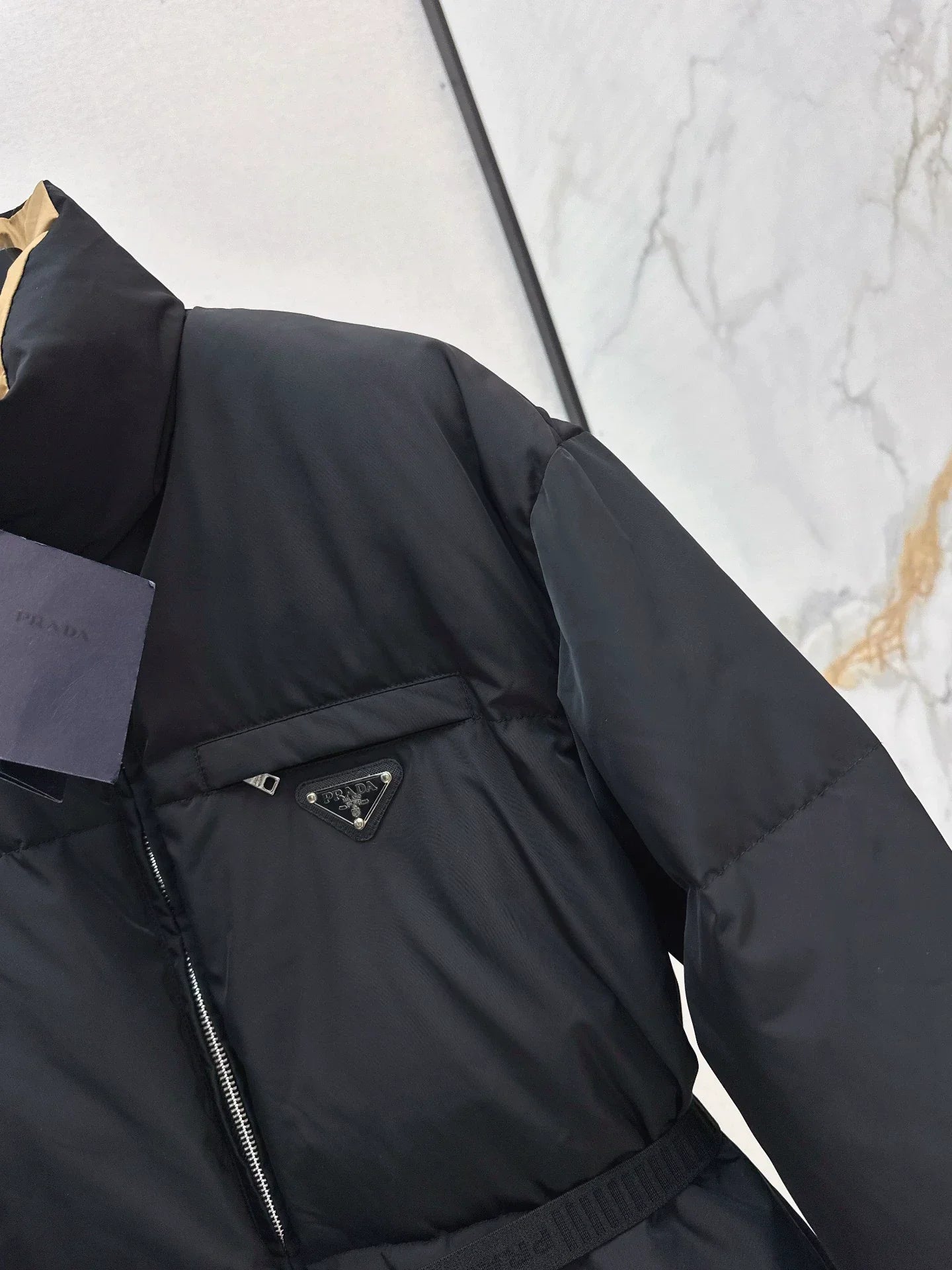 25fw Triangular decoration stand collar mid length down jacket