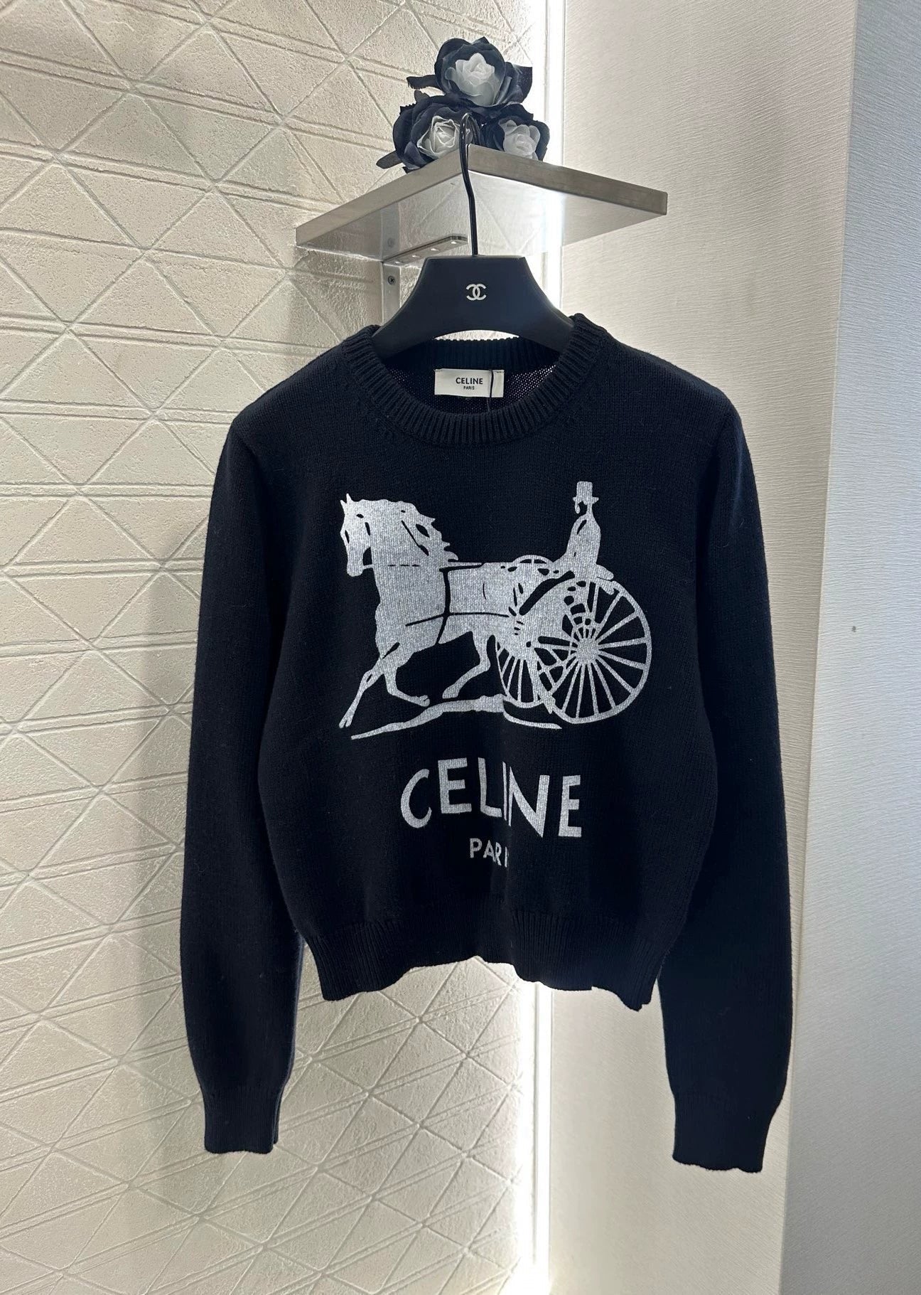 25 Crochet letter carriage knit sweater(Beigei/black)