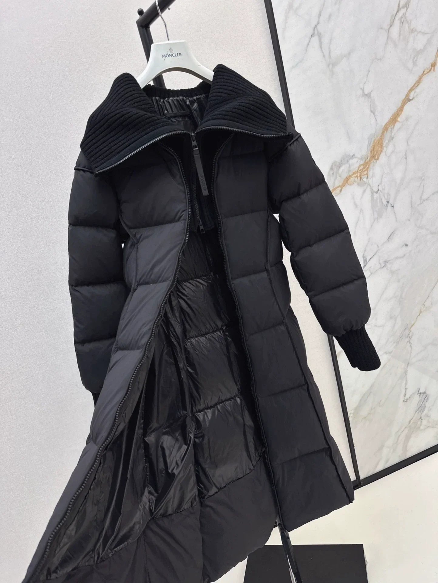 25 Knitted splicing large lapel umbrella shaped long down jacket