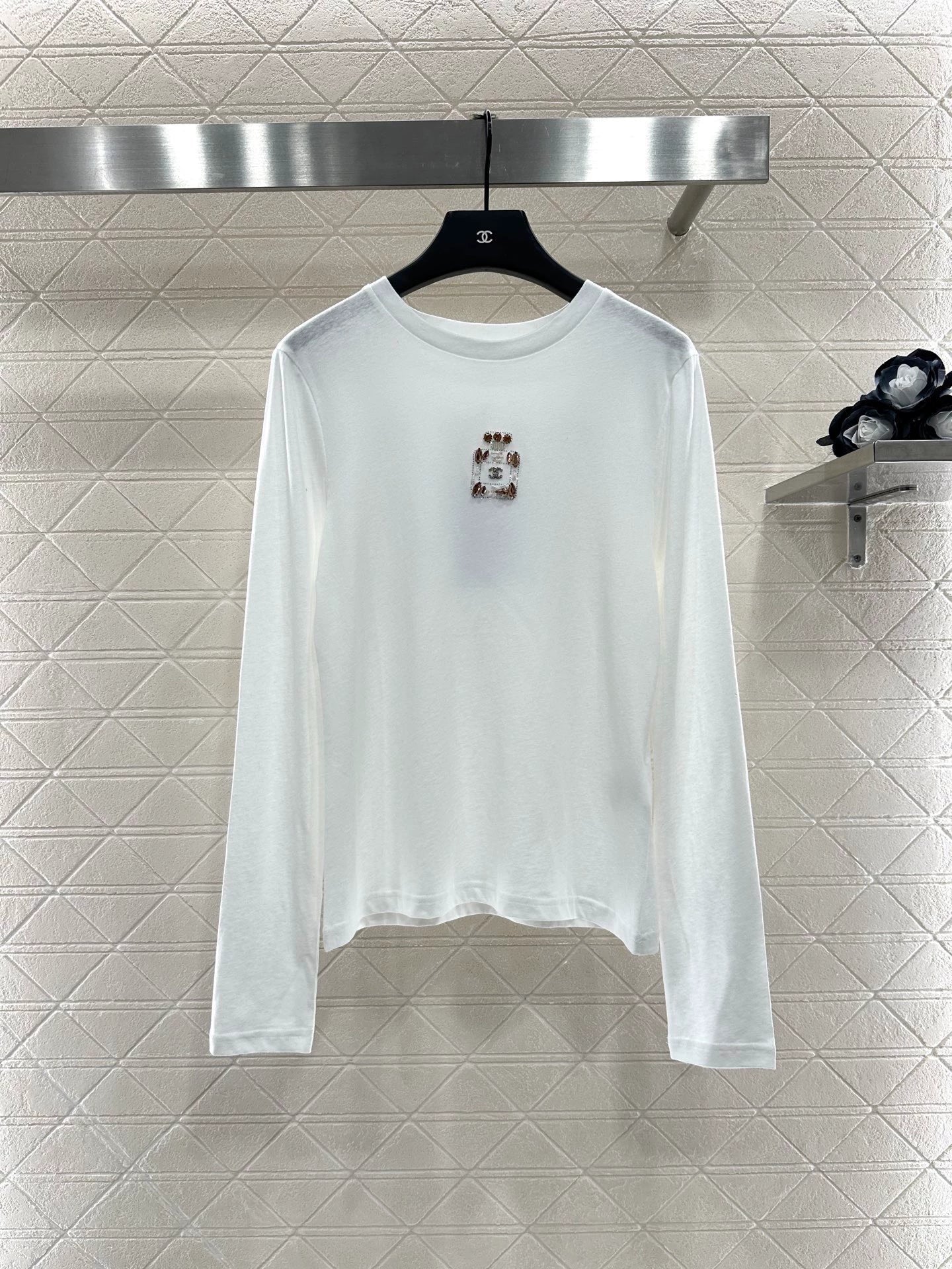 C 25 Rhinestone Beaded Perfume Bottle Crew Neck Bottoming Shirt