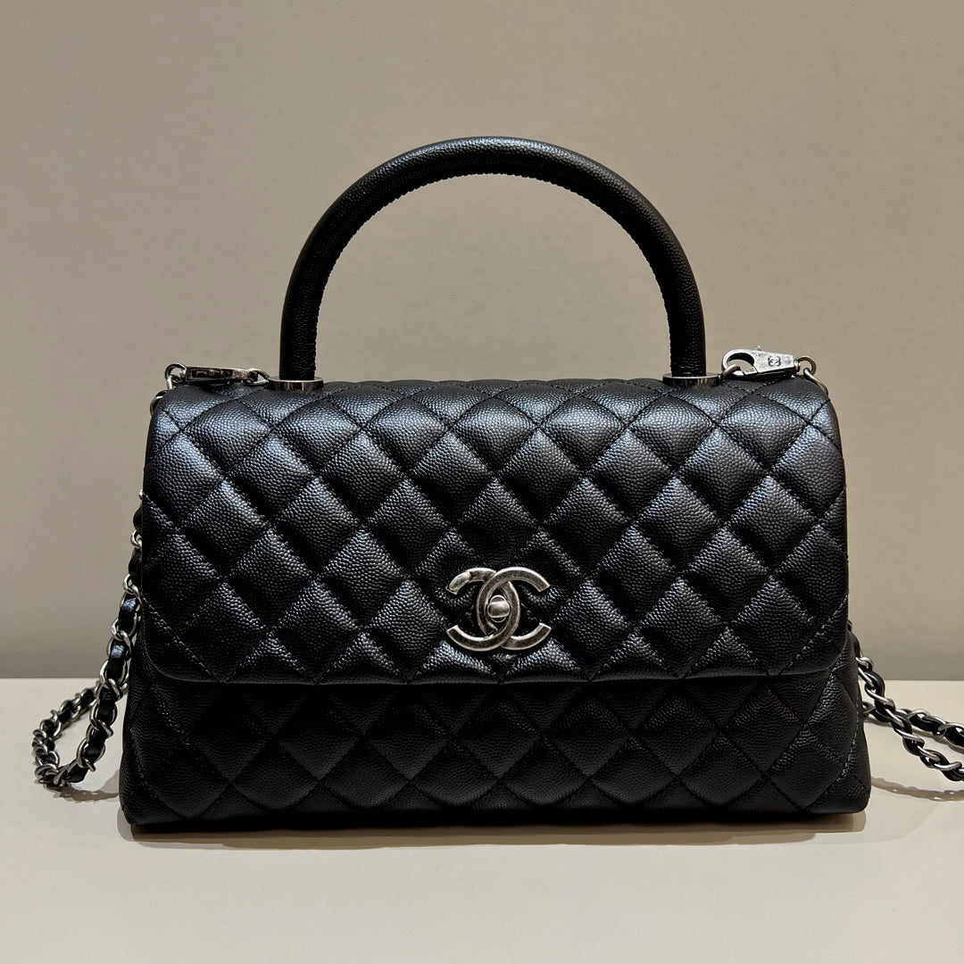 LARGE FLAP BAG WITH TOP HANDLE 29 Small Grained Calfskin Black