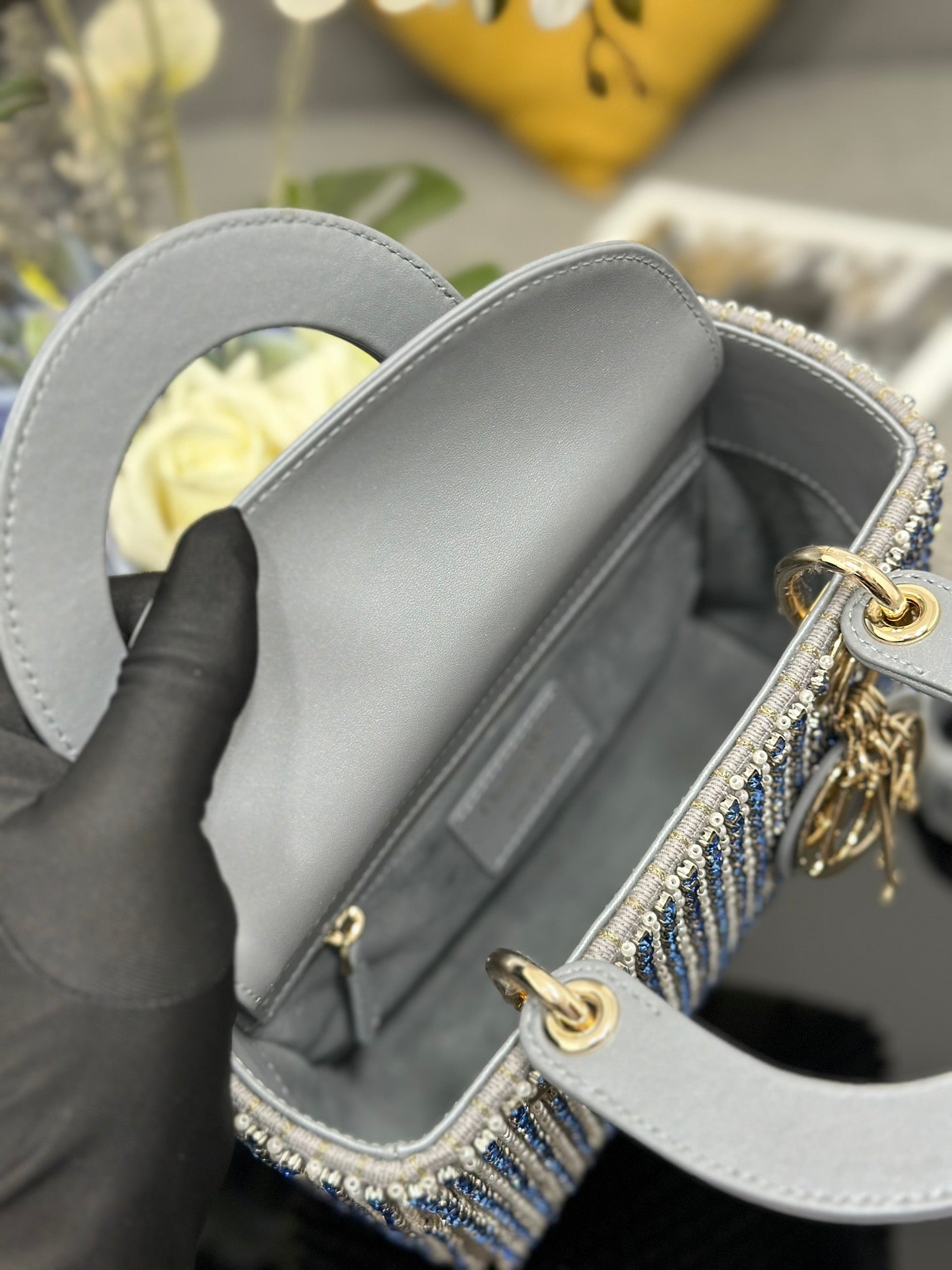 Mini Lady Bag Grey Sapphire Pearl decoration Embroidery