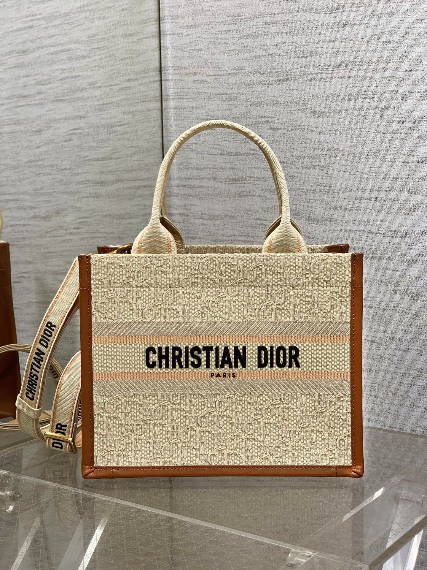 Book Tote Bag Beige Oblique Embroidered Raffia and Camel Calfskin