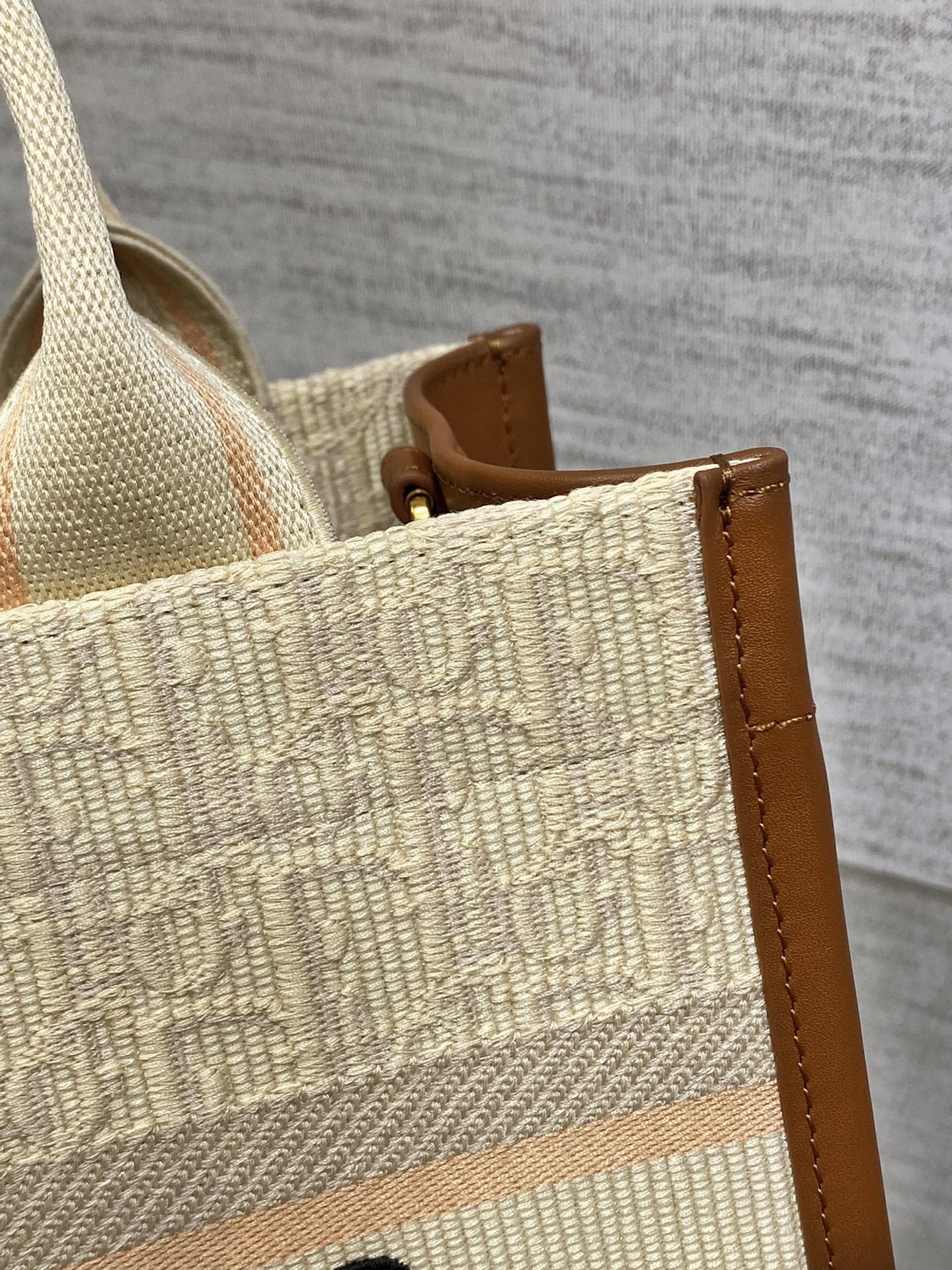 Book Tote Bag Beige Oblique Embroidered Raffia and Camel Calfskin