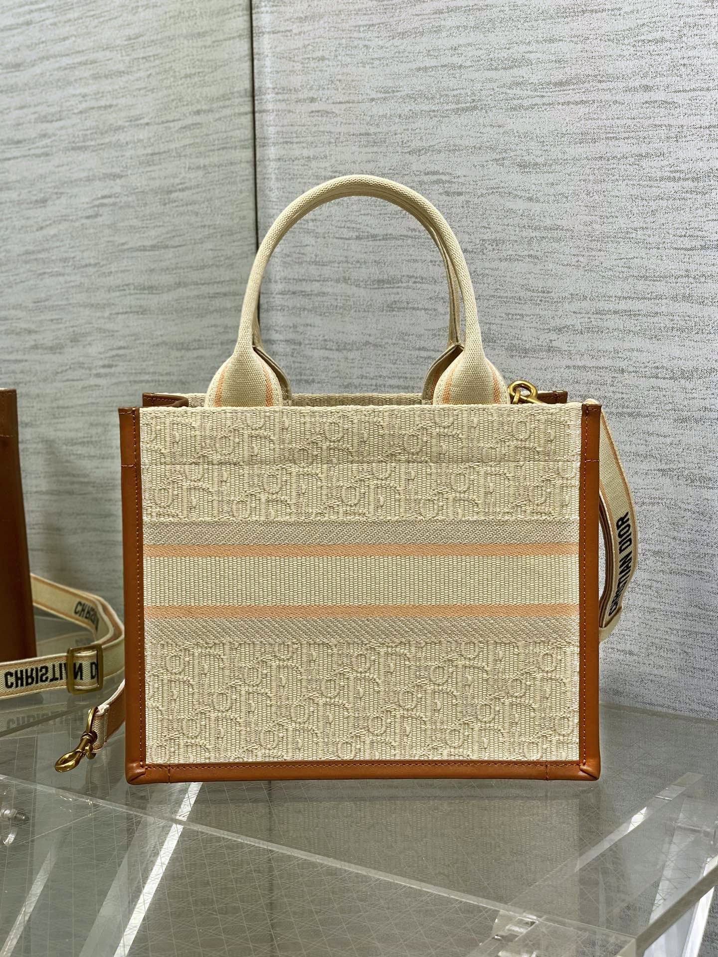Book Tote Bag Beige Oblique Embroidered Raffia and Camel Calfskin