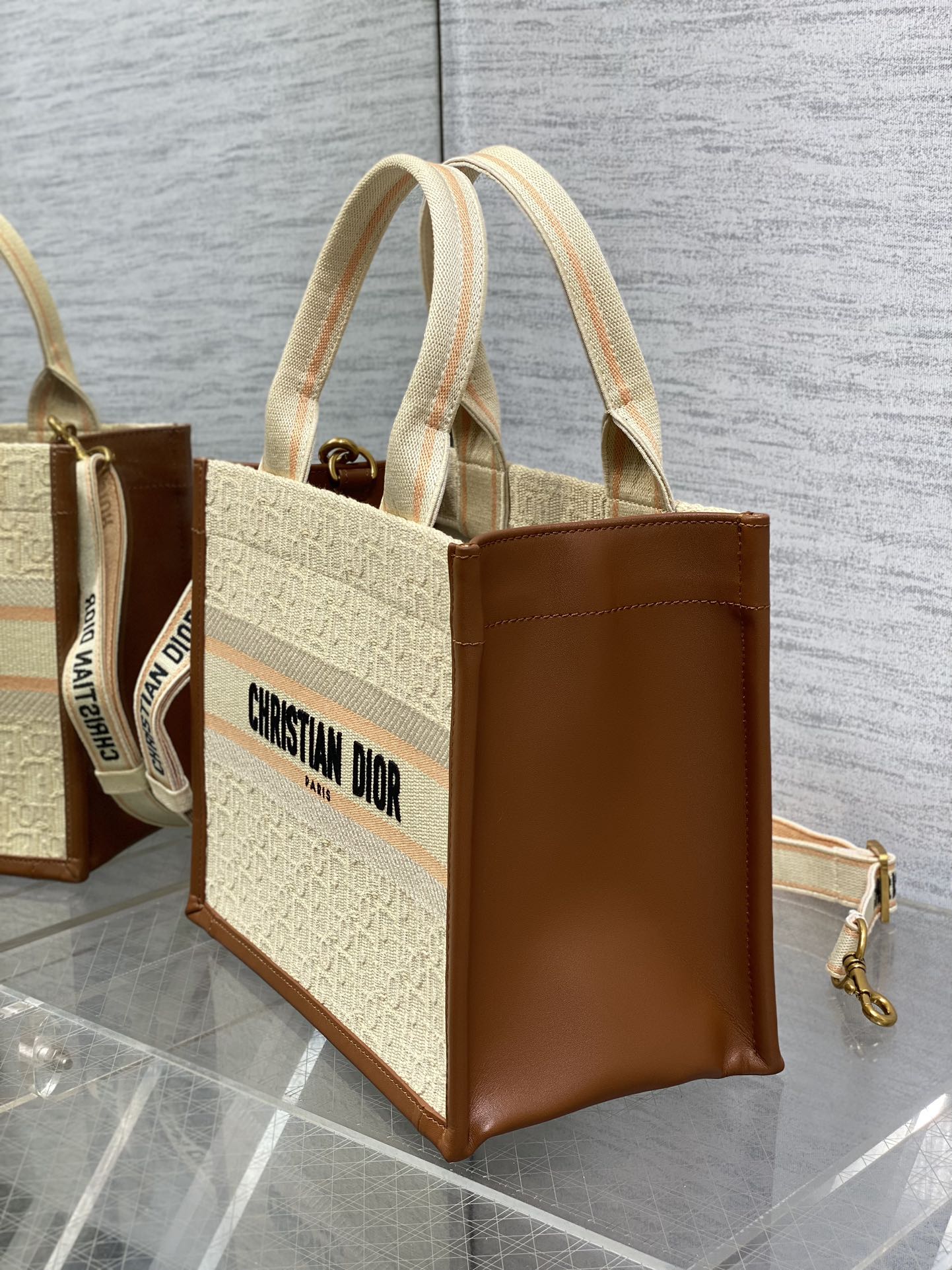 Book Tote Bag Beige Oblique Embroidered Raffia and Camel Calfskin