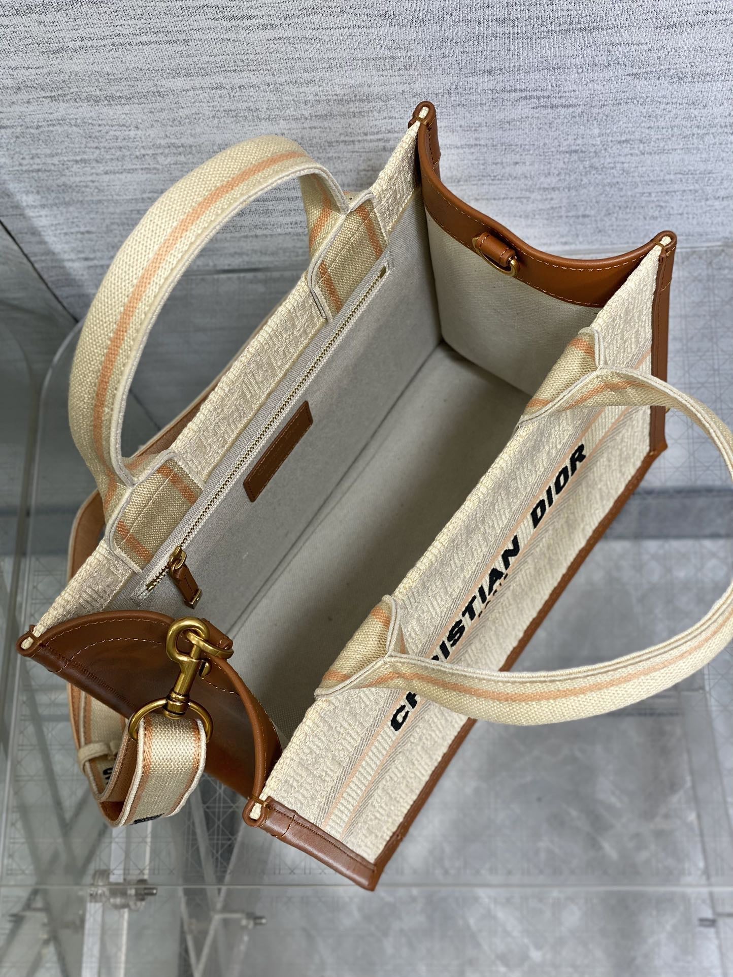 Book Tote Bag Beige Oblique Embroidered Raffia and Camel Calfskin