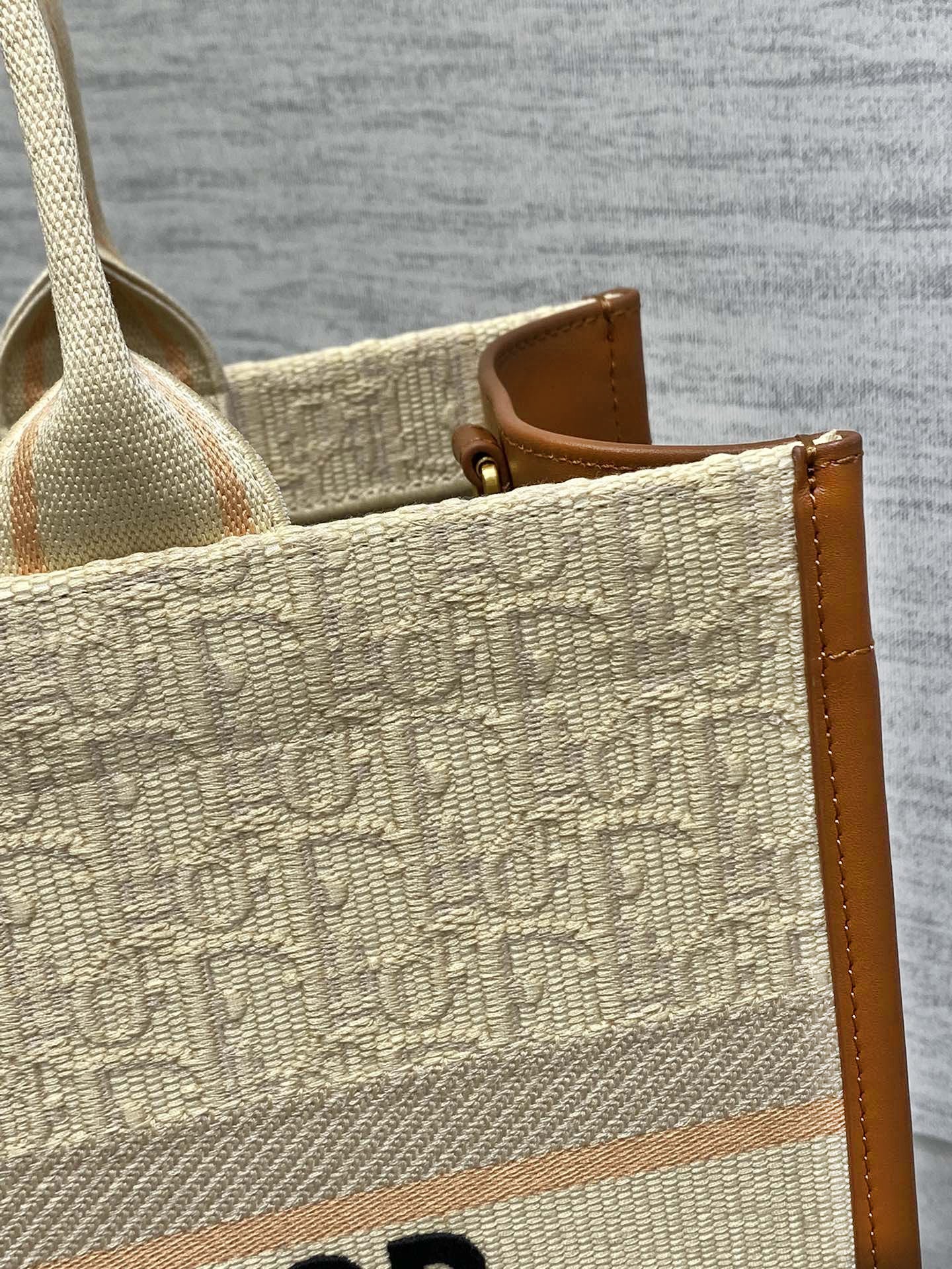 Book Tote Bag Beige Oblique Embroidered Raffia and Camel Calfskin