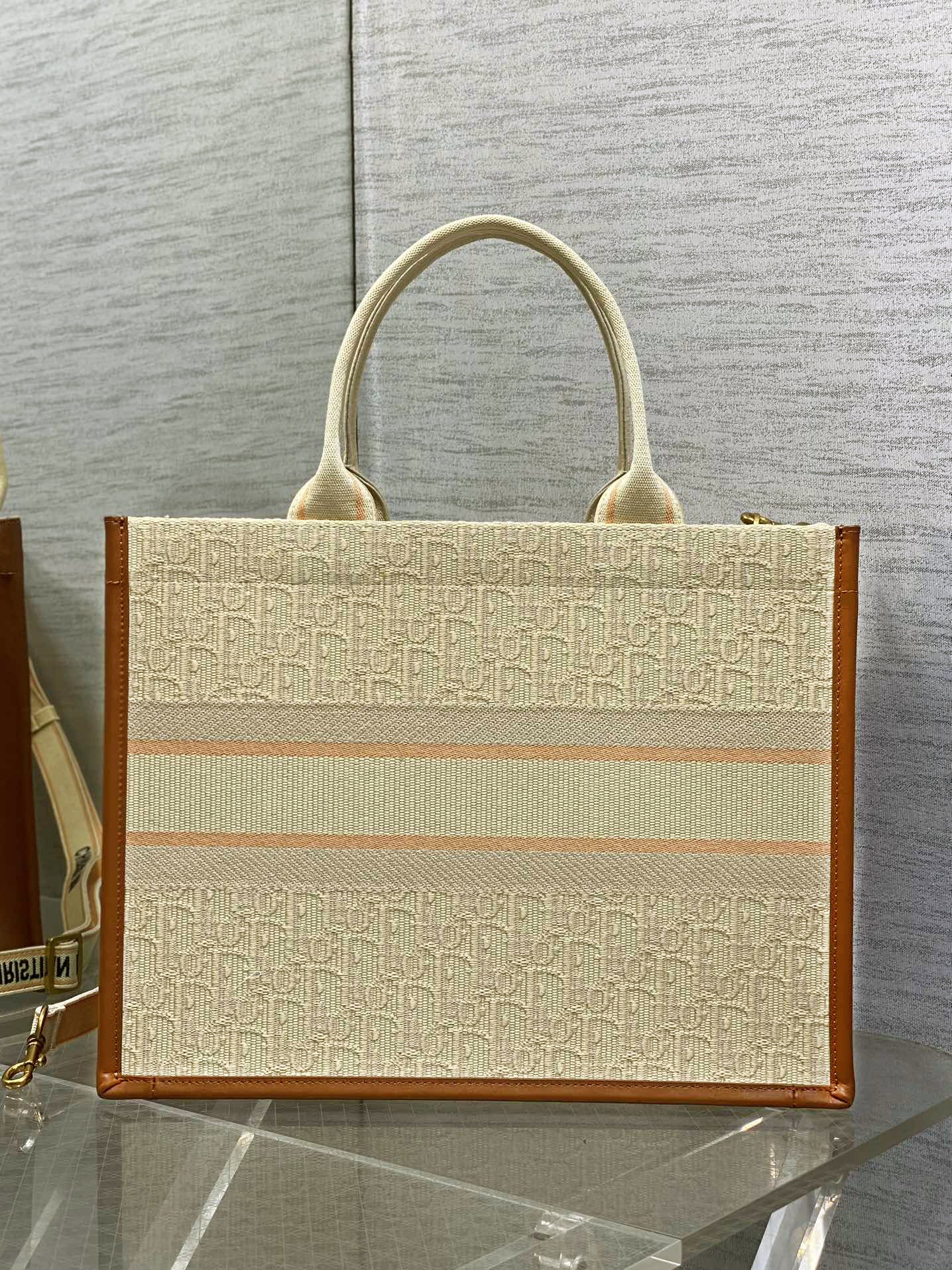 Book Tote Bag Beige Oblique Embroidered Raffia and Camel Calfskin