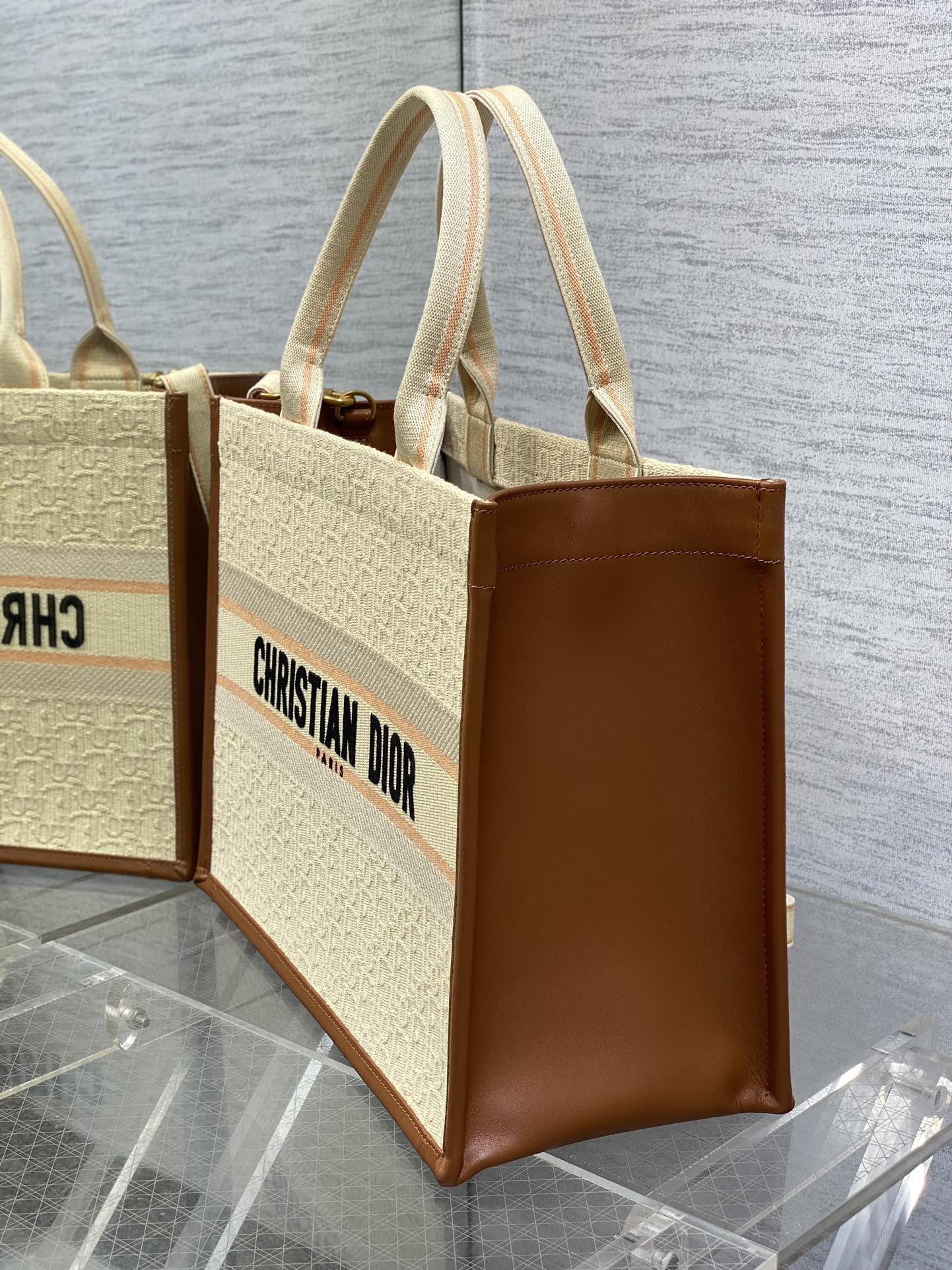 Book Tote Bag Beige Oblique Embroidered Raffia and Camel Calfskin