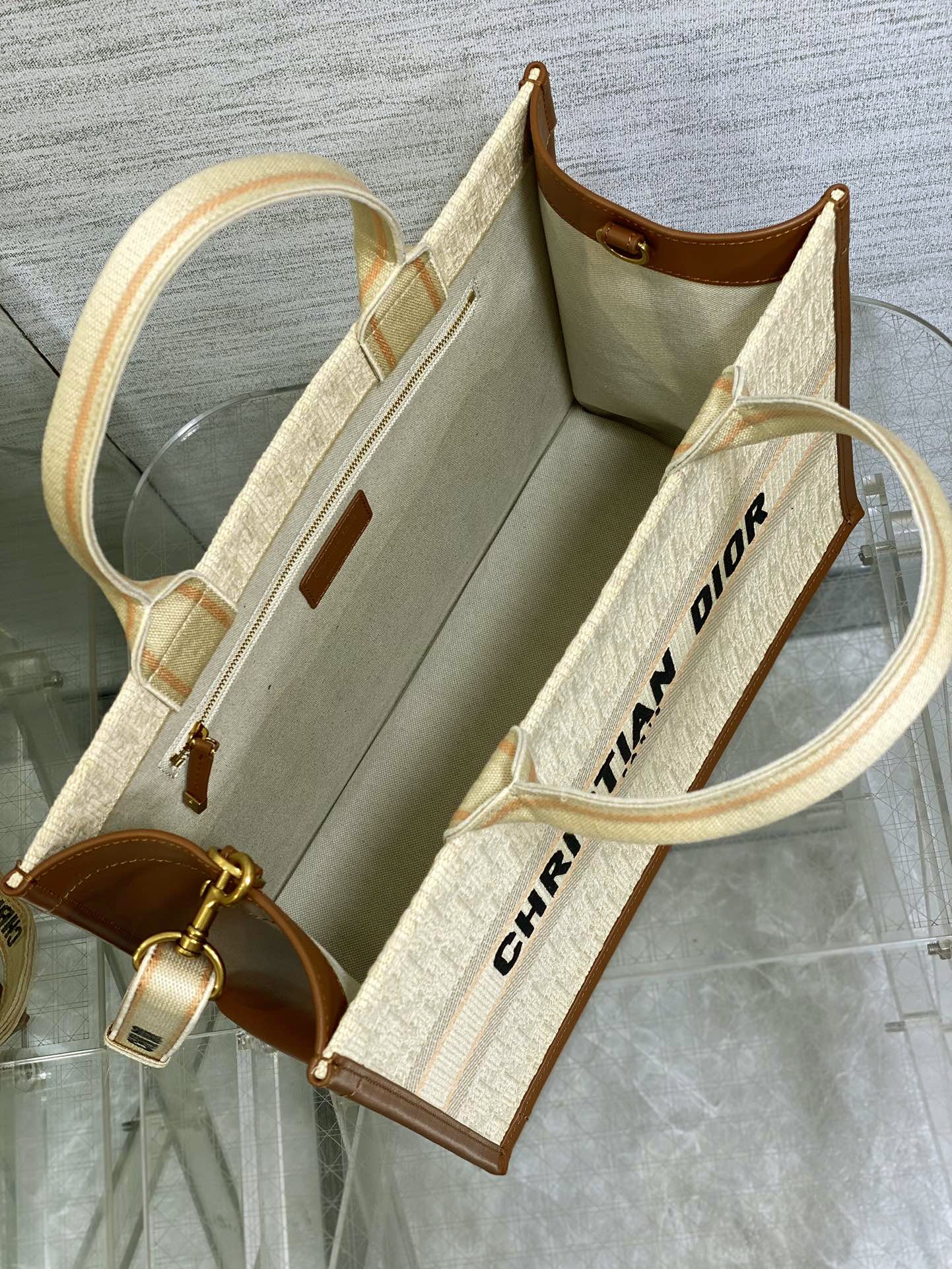 Book Tote Bag Beige Oblique Embroidered Raffia and Camel Calfskin
