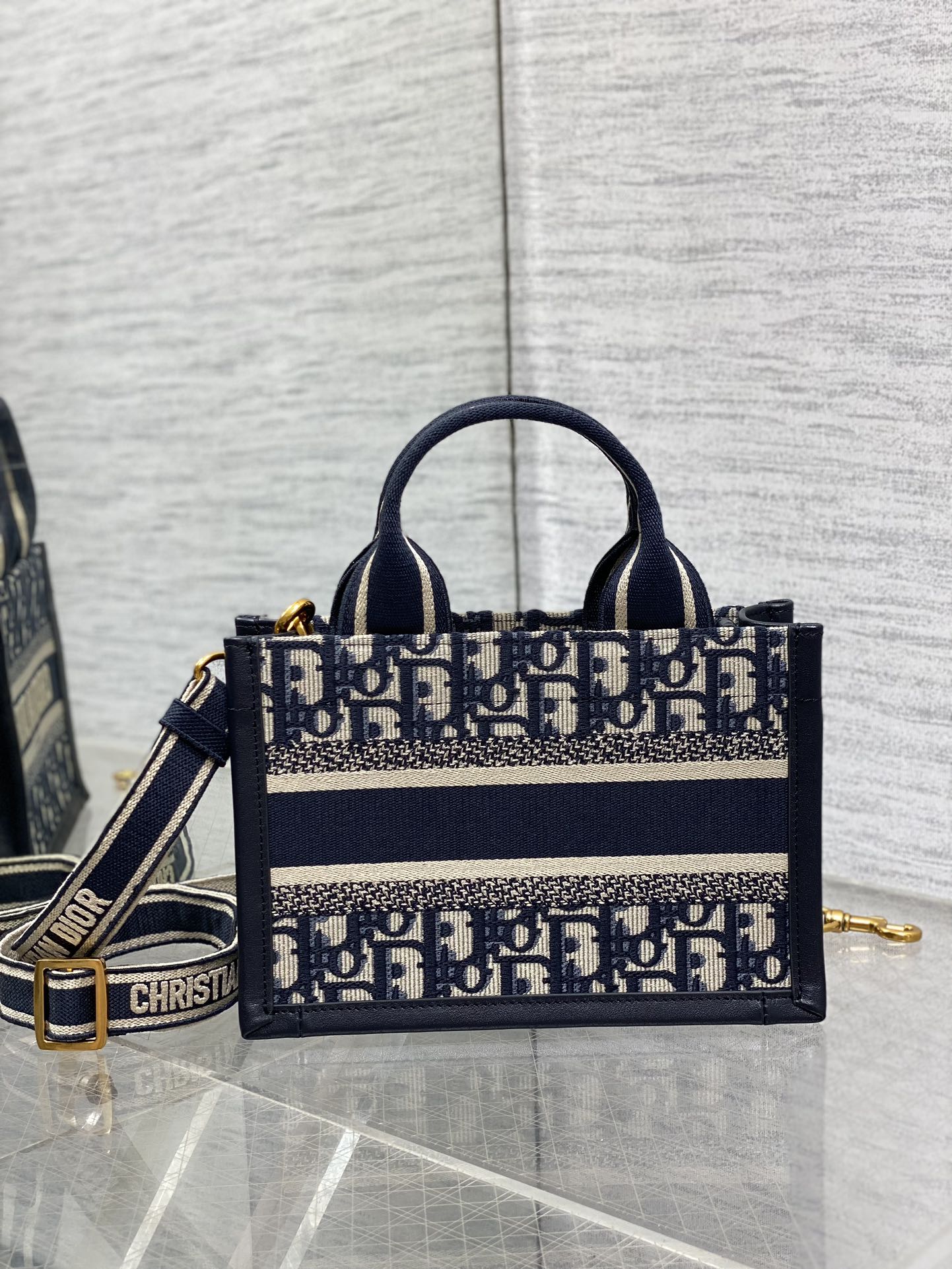 Book Tote Bag Blue Di0r Oblique Embroidery and Calfskin