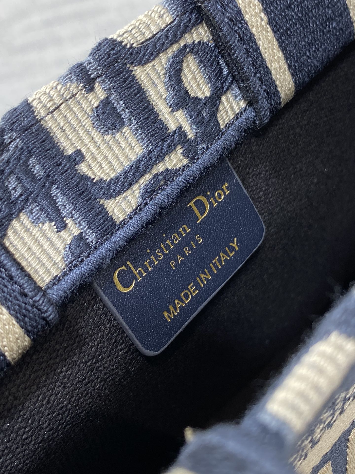 Book Tote Bag Blue Di0r Oblique Embroidery and Calfskin