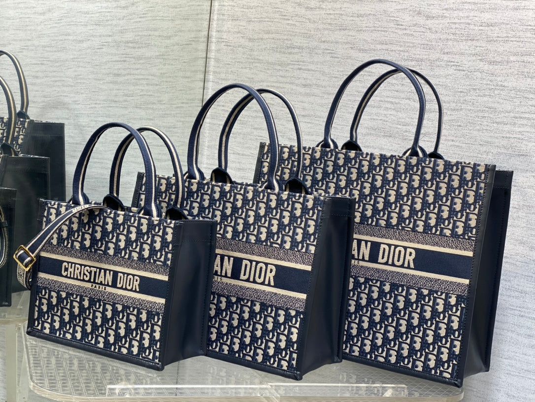Book Tote Bag Blue Di0r Oblique Embroidery and Calfskin