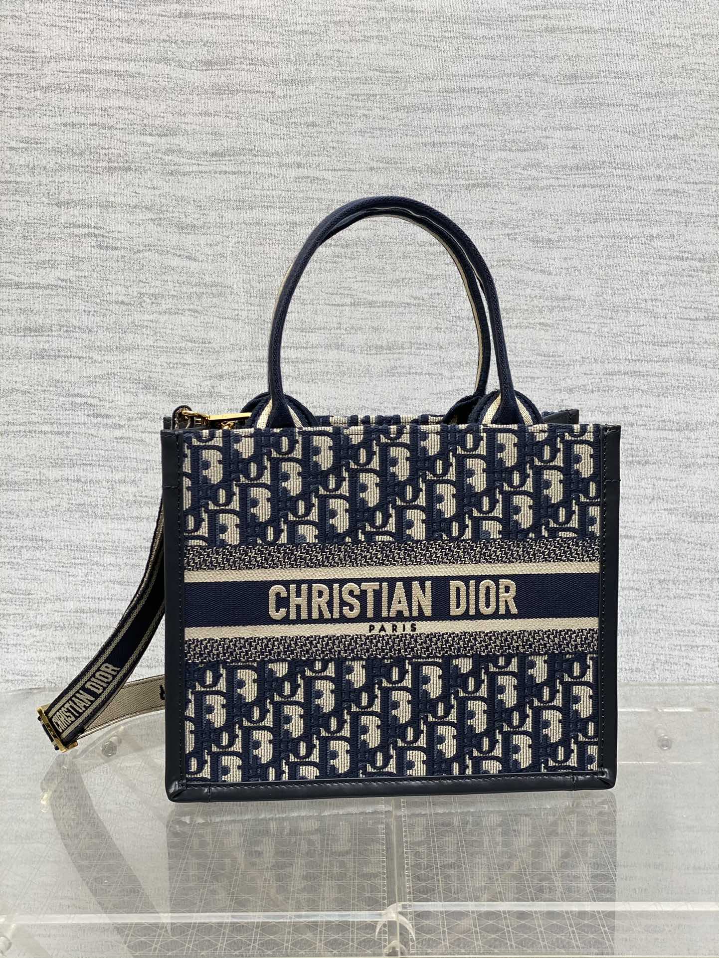 Book Tote Bag Blue Di0r Oblique Embroidery and Calfskin