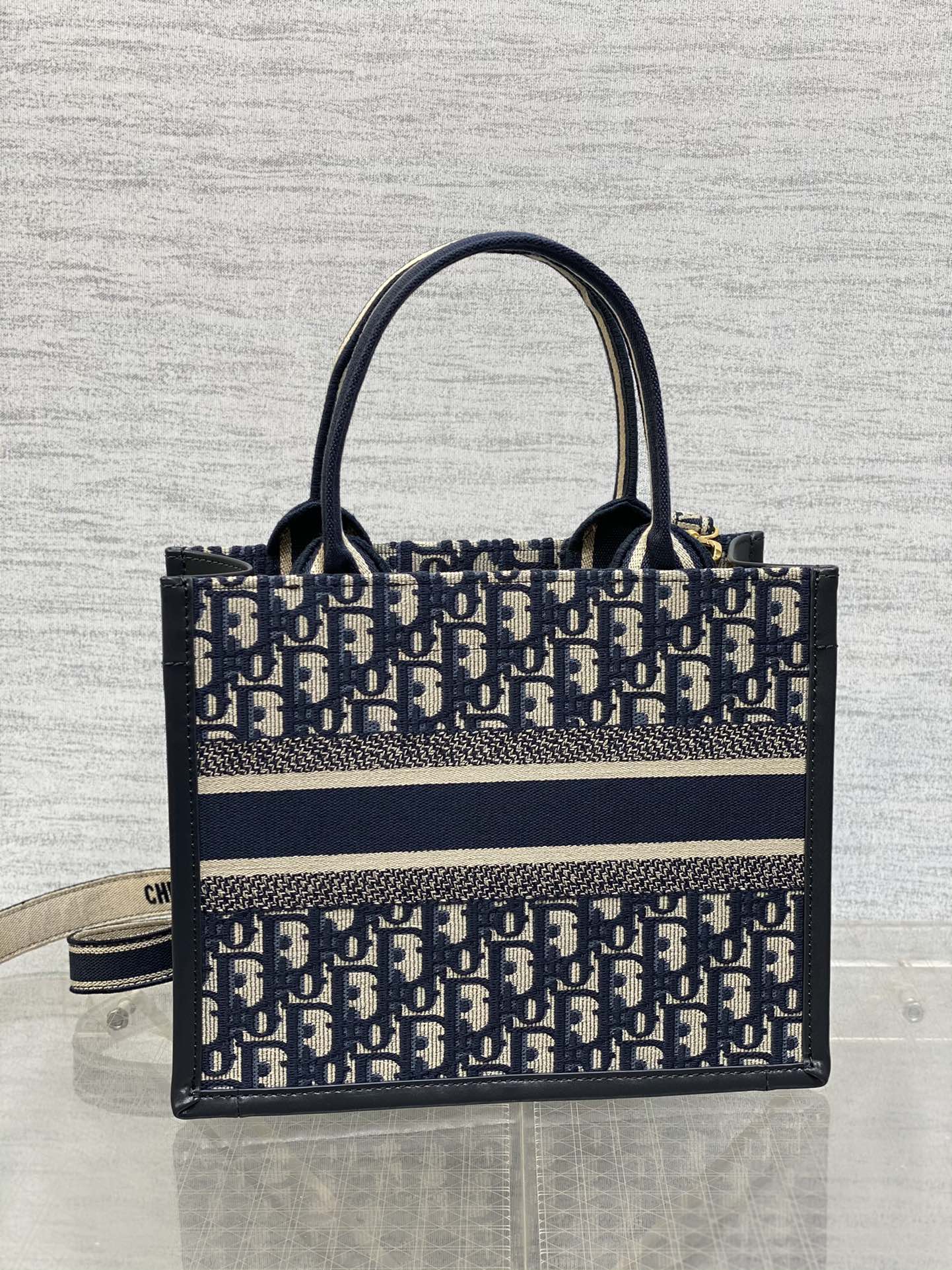 Book Tote Bag Blue Di0r Oblique Embroidery and Calfskin