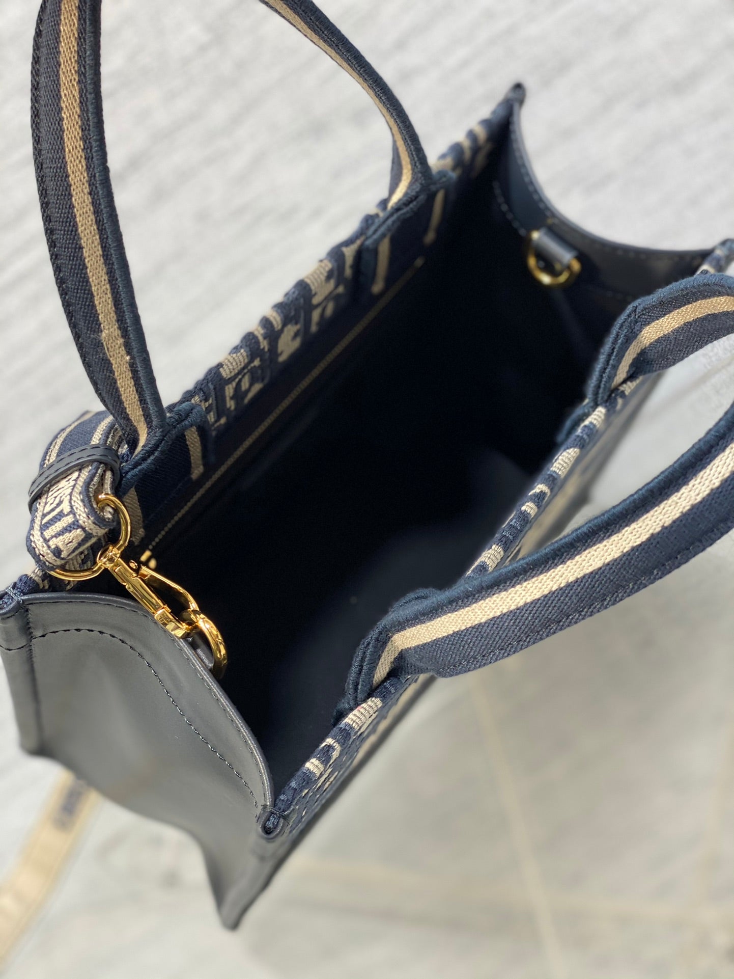 Book Tote Bag Blue Di0r Oblique Embroidery and Calfskin