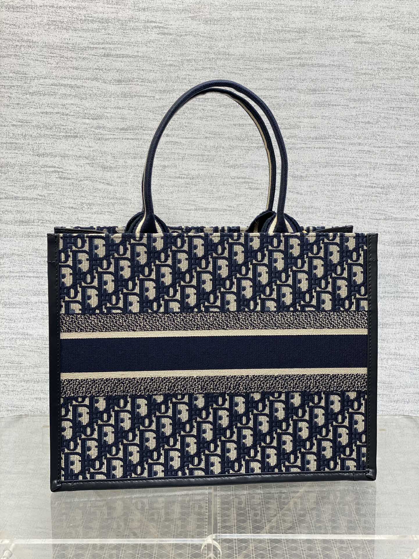 Book Tote Bag Blue Di0r Oblique Embroidery and Calfskin