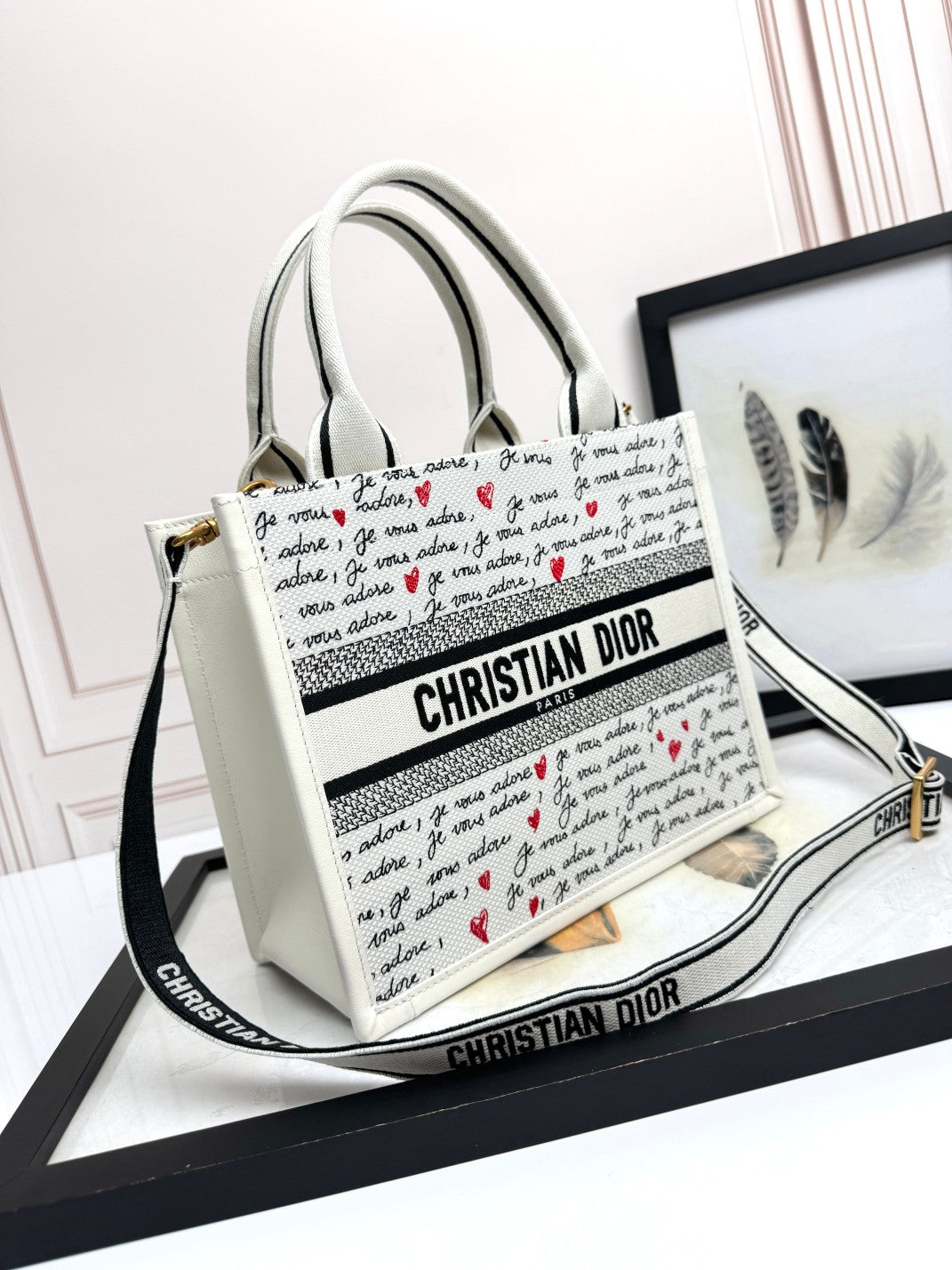 Small Book Tote White Embroidery with Black and Red Je Vous Adore Motif and