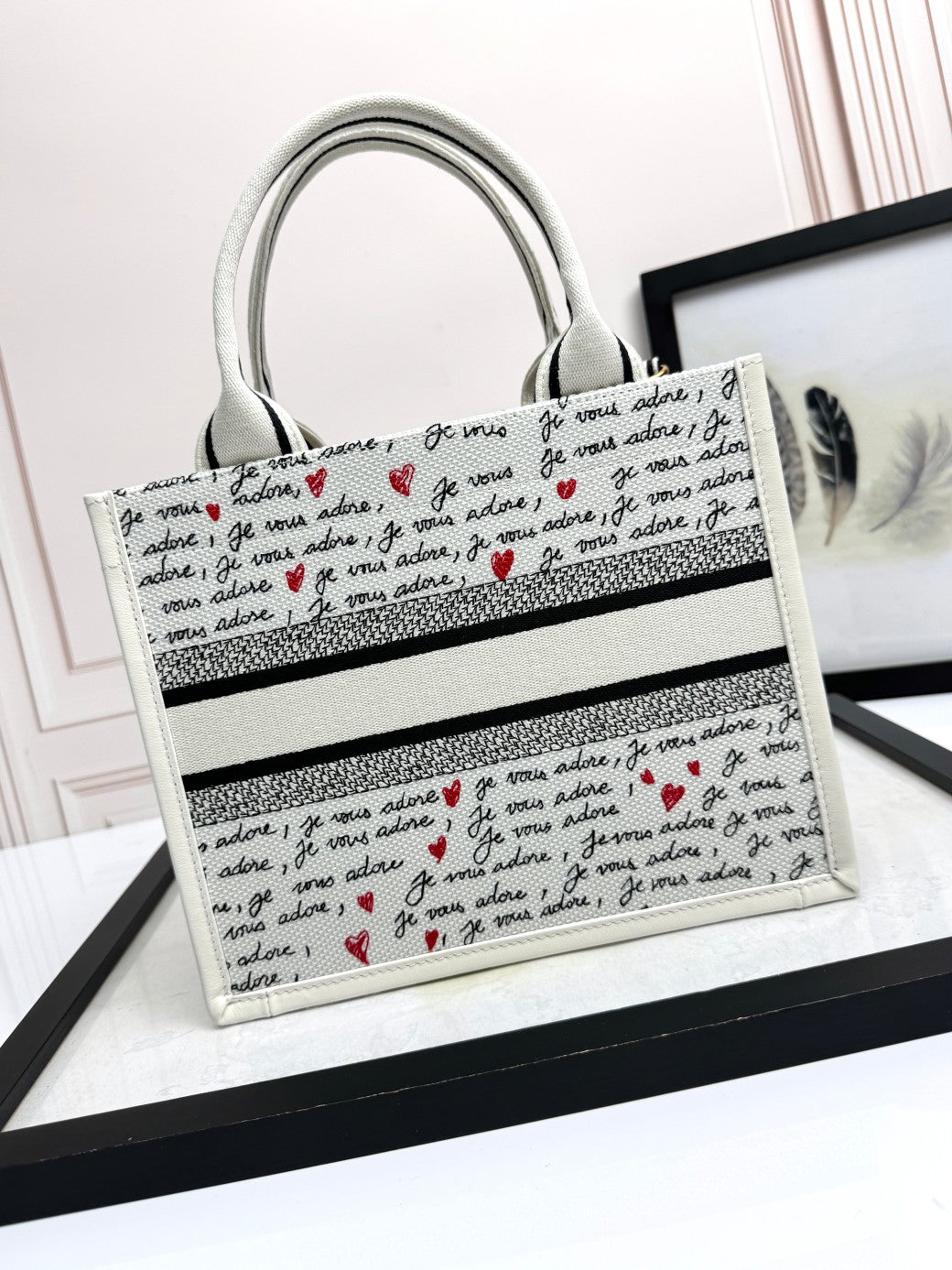 Small Book Tote White Embroidery with Black and Red Je Vous Adore Motif and