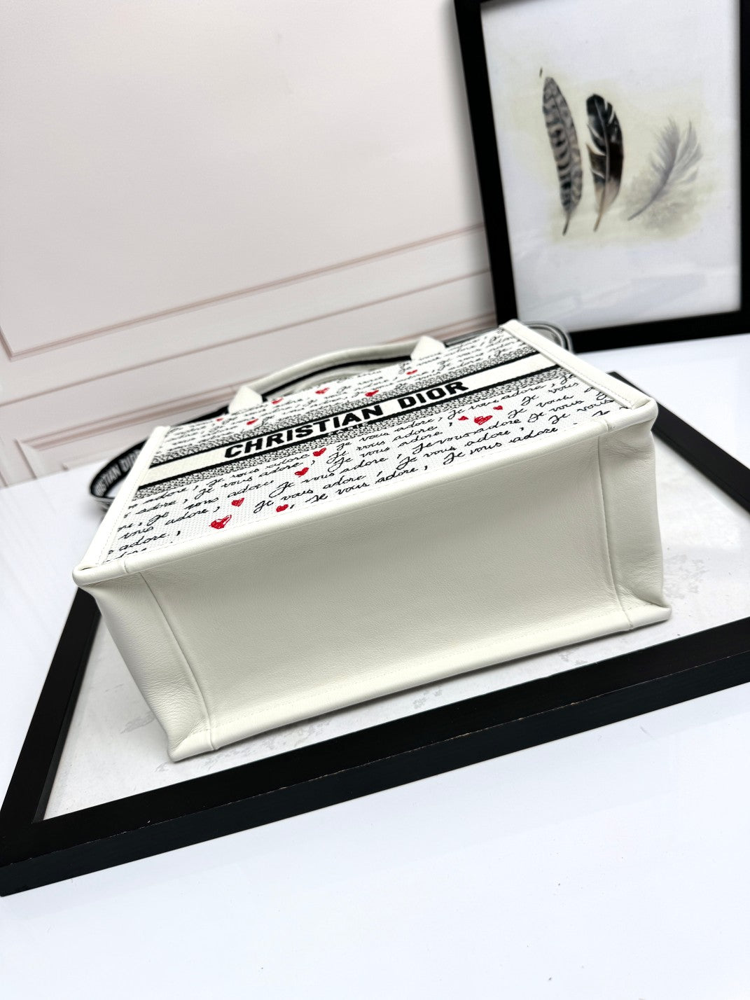 Small Book Tote White Embroidery with Black and Red Je Vous Adore Motif and