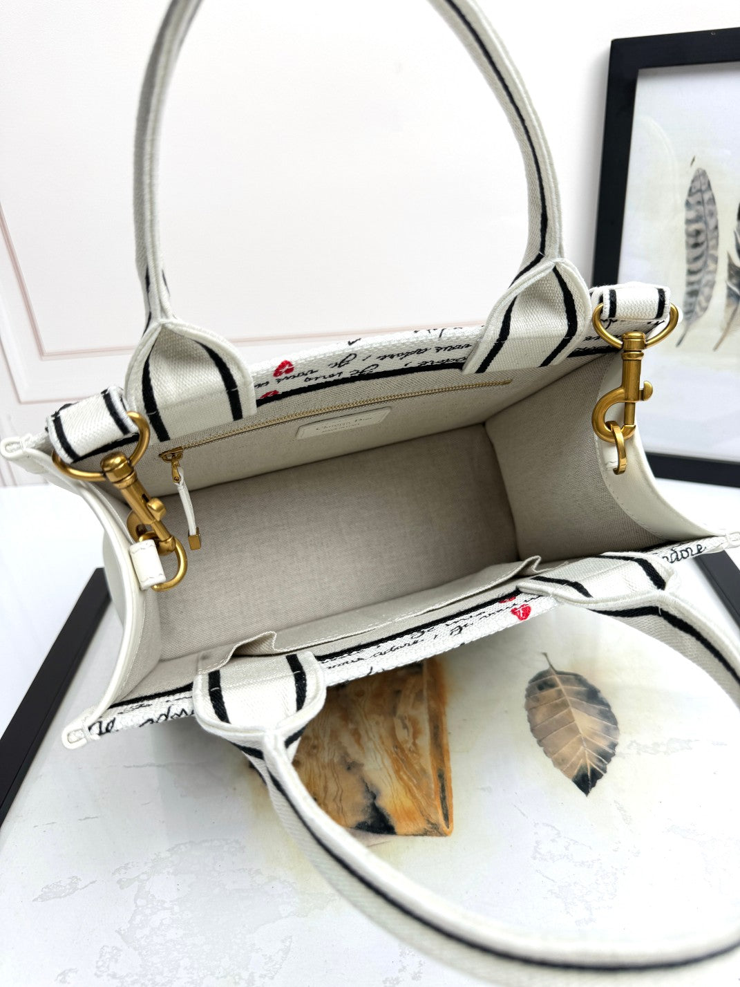 Small Book Tote White Embroidery with Black and Red Je Vous Adore Motif and