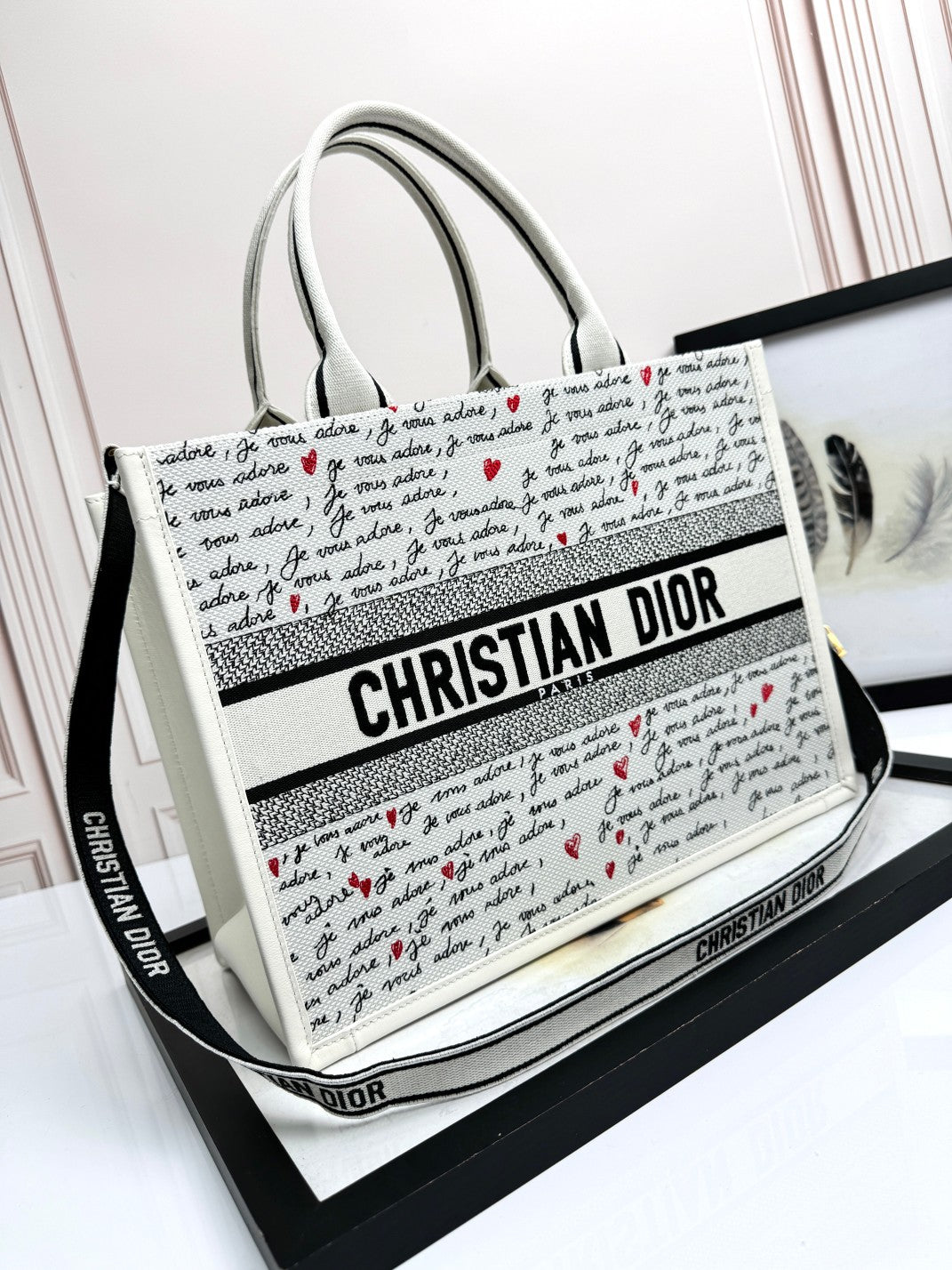 Small Book Tote White Embroidery with Black and Red Je Vous Adore Motif and